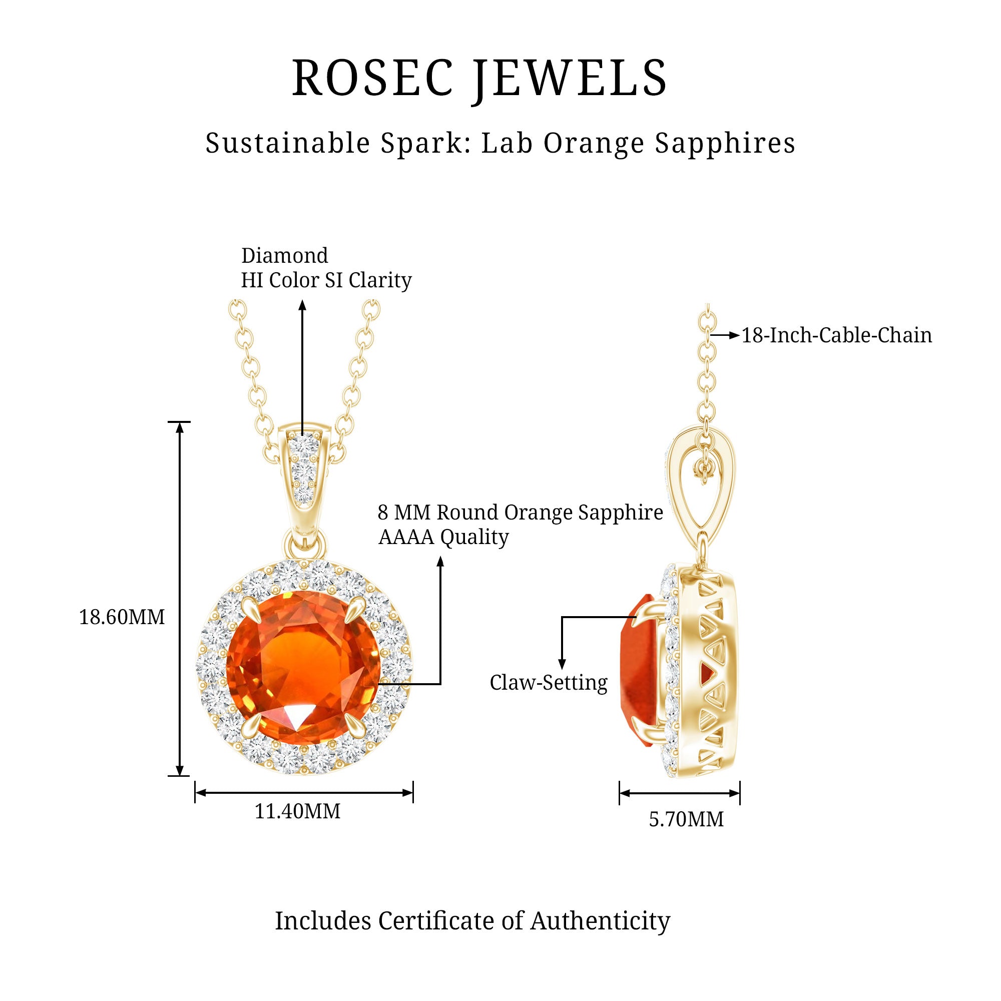 Created Orange Sapphire Pendant Necklace with Diamond Halo AAAA - Rosec Jewels