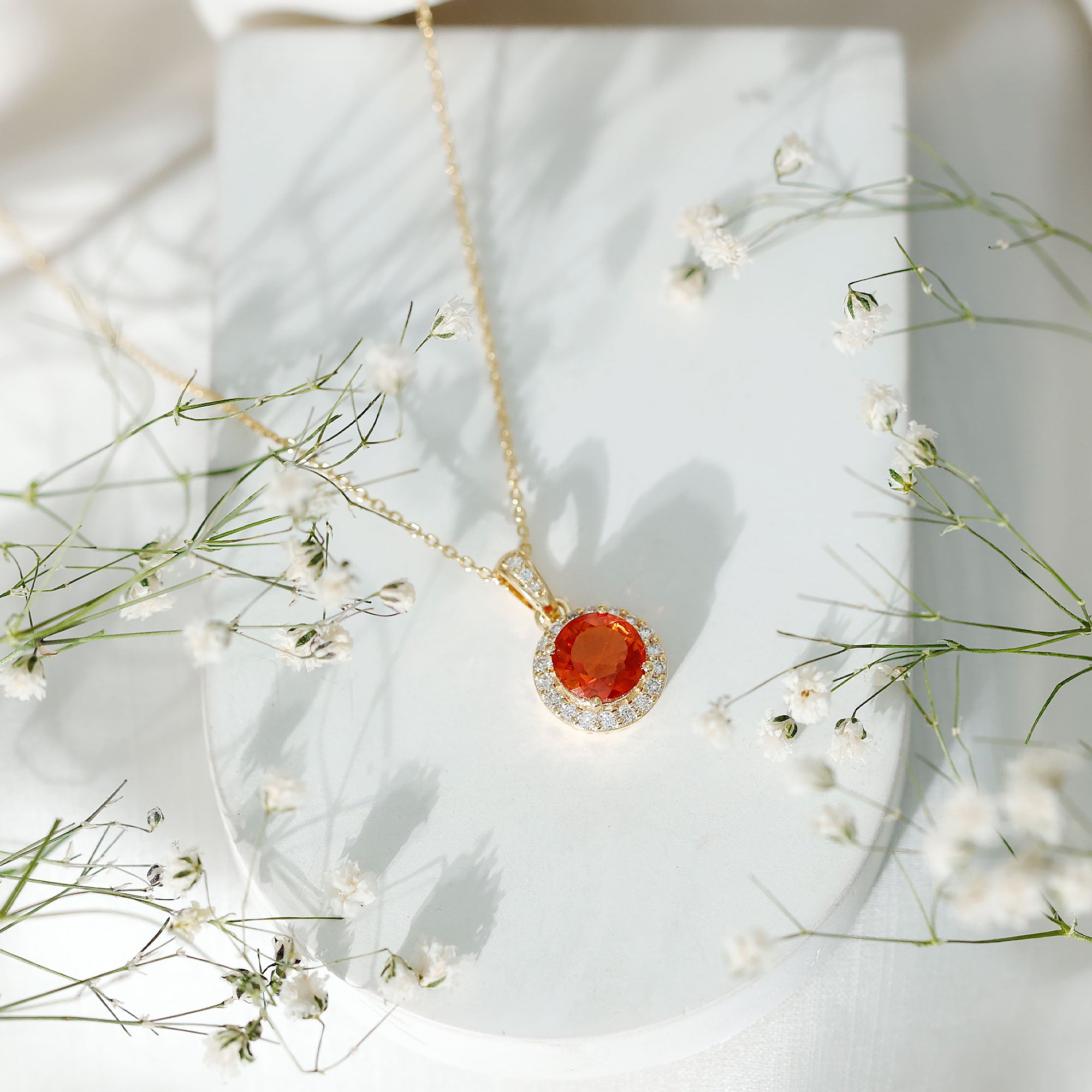 Created Orange Sapphire Pendant Necklace with Diamond Halo AAAA - Rosec Jewels