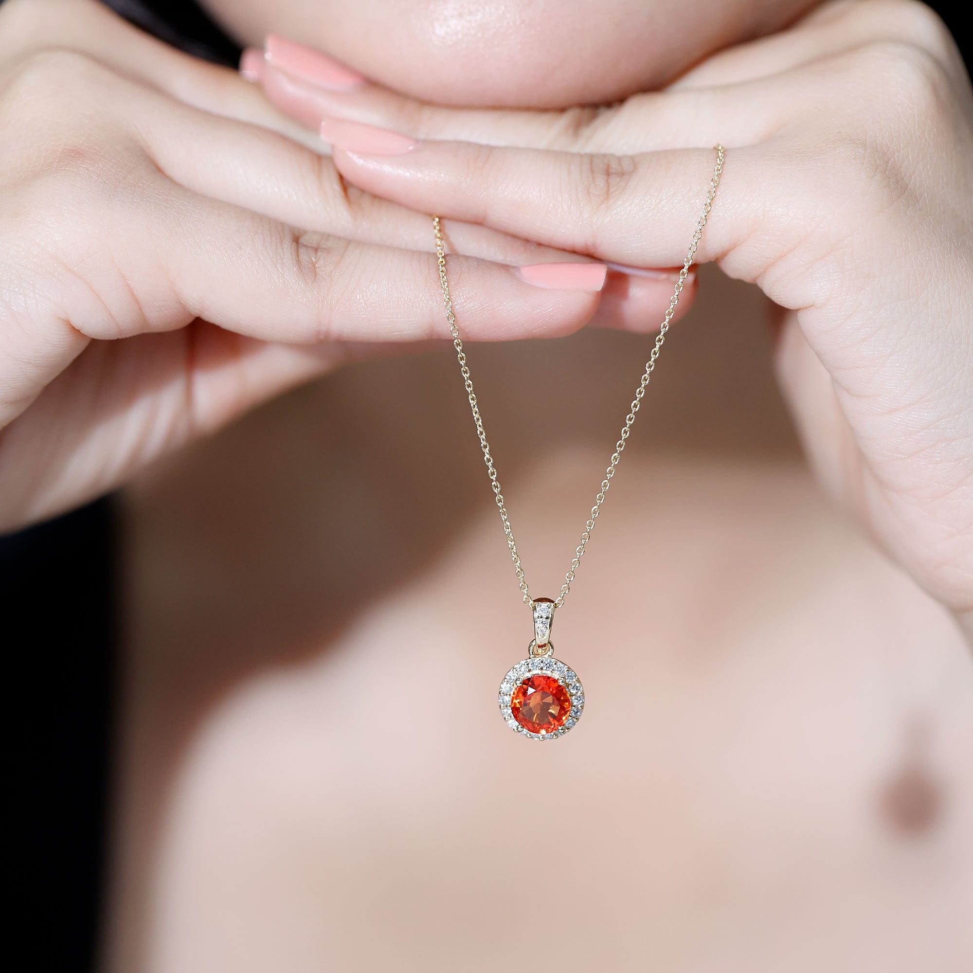 Created Orange Sapphire Pendant Necklace with Diamond Halo AAAA - Rosec Jewels