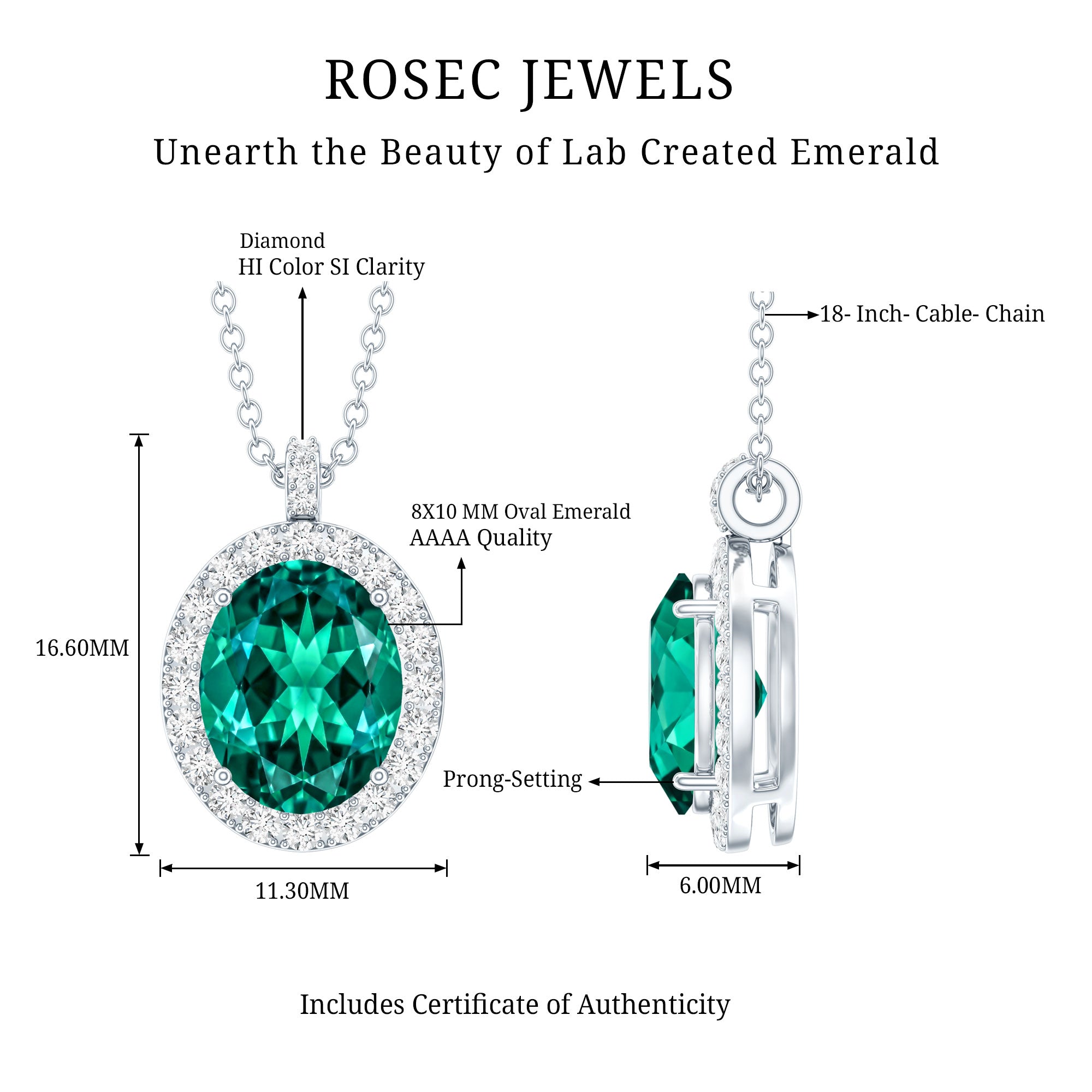 3 Carat Oval Lab Created Emerald Pendant with Diamond Halo AAAA - Rosec Jewels