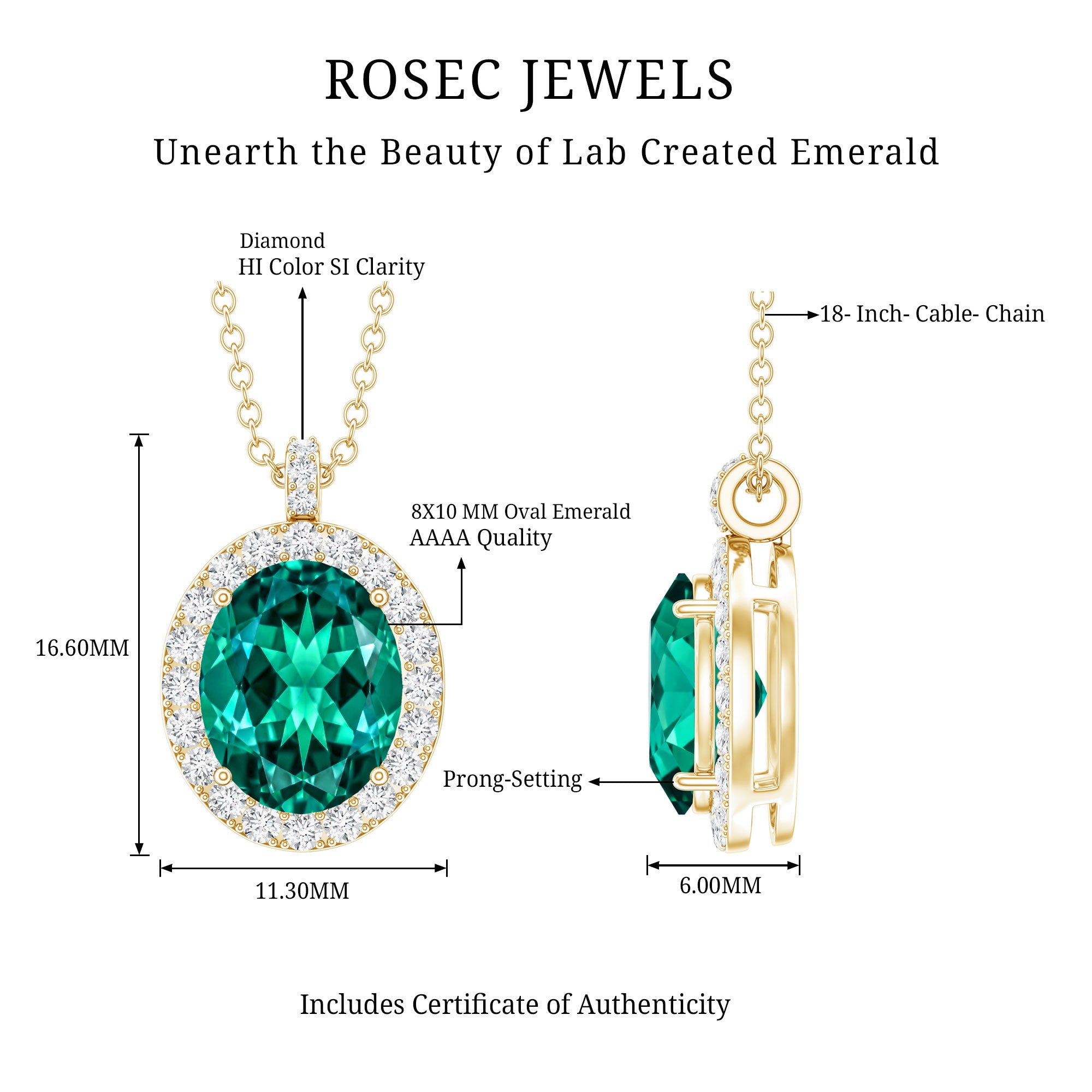 3 Carat Oval Lab Created Emerald Pendant with Diamond Halo AAAA - Rosec Jewels