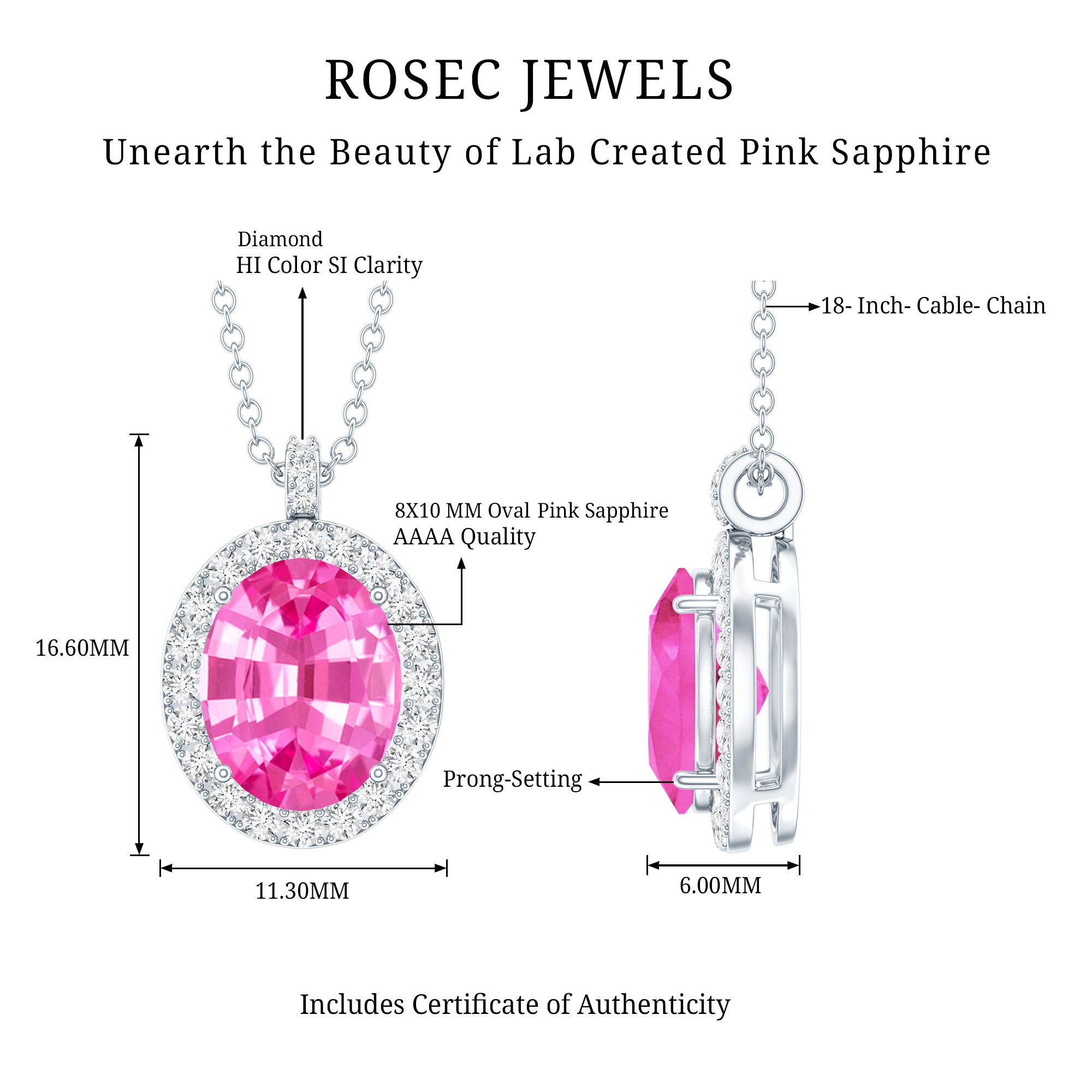 4 Carat Oval Lab Created Pink Sapphire Necklace with Diamonds AAAA - Rosec Jewels