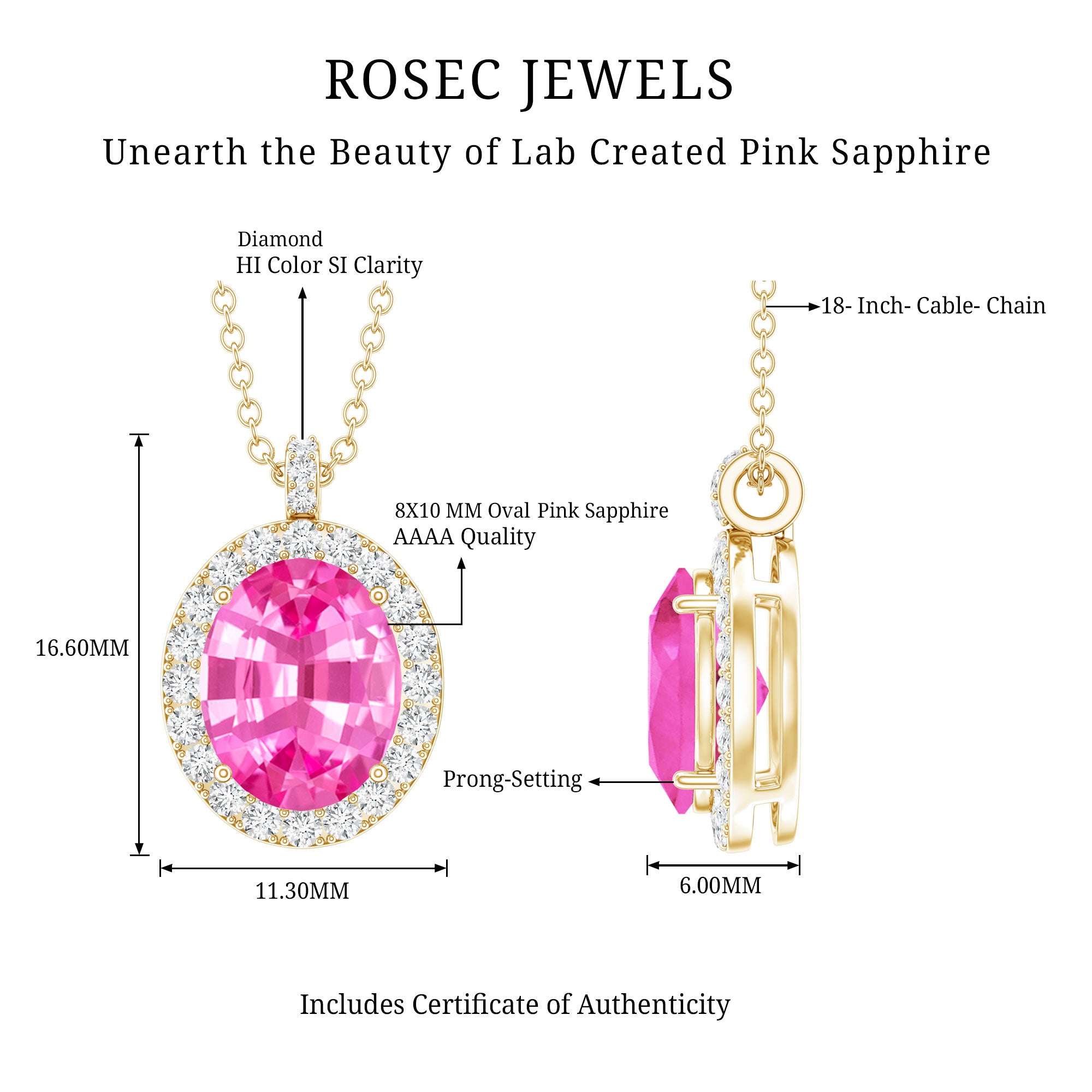 4 Carat Oval Lab Created Pink Sapphire Necklace with Diamonds AAAA - Rosec Jewels