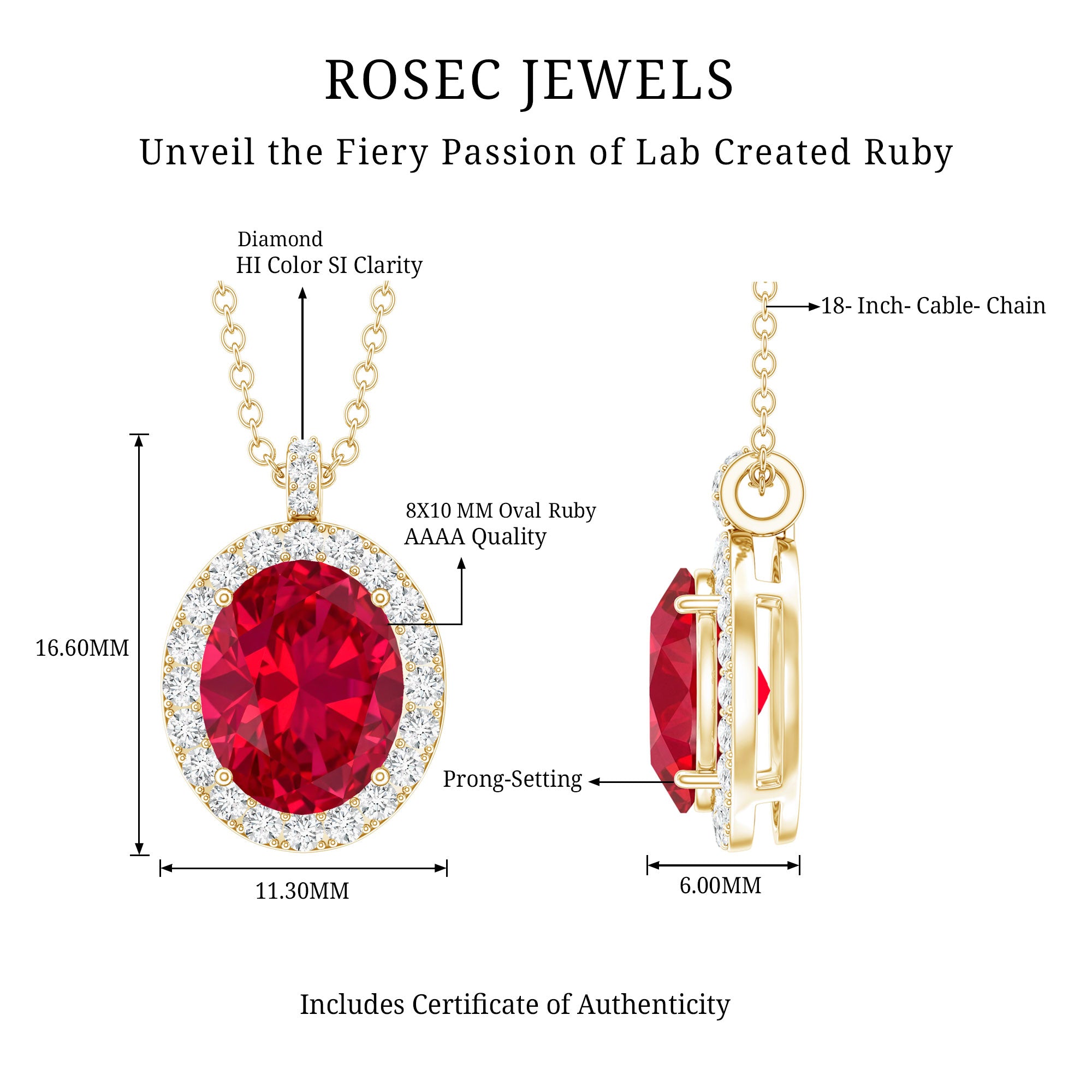4 Carat Lab Created Ruby and Diamond Bridal Necklace with Chain AAAA - Rosec Jewels