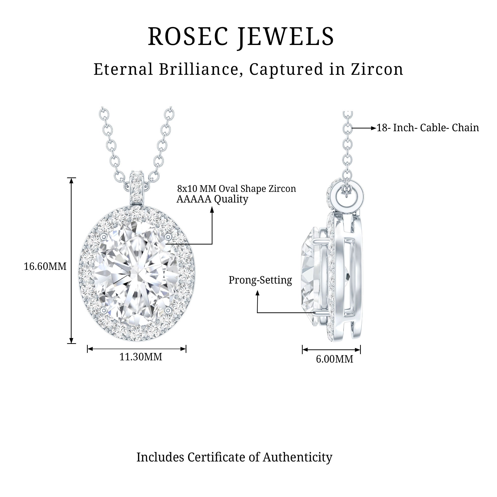 Certified 8X10 MM Oval Cubic Zirconia Halo Pendant with Chain AAAAA 92.5 Sterling Silver - Rosec Jewels