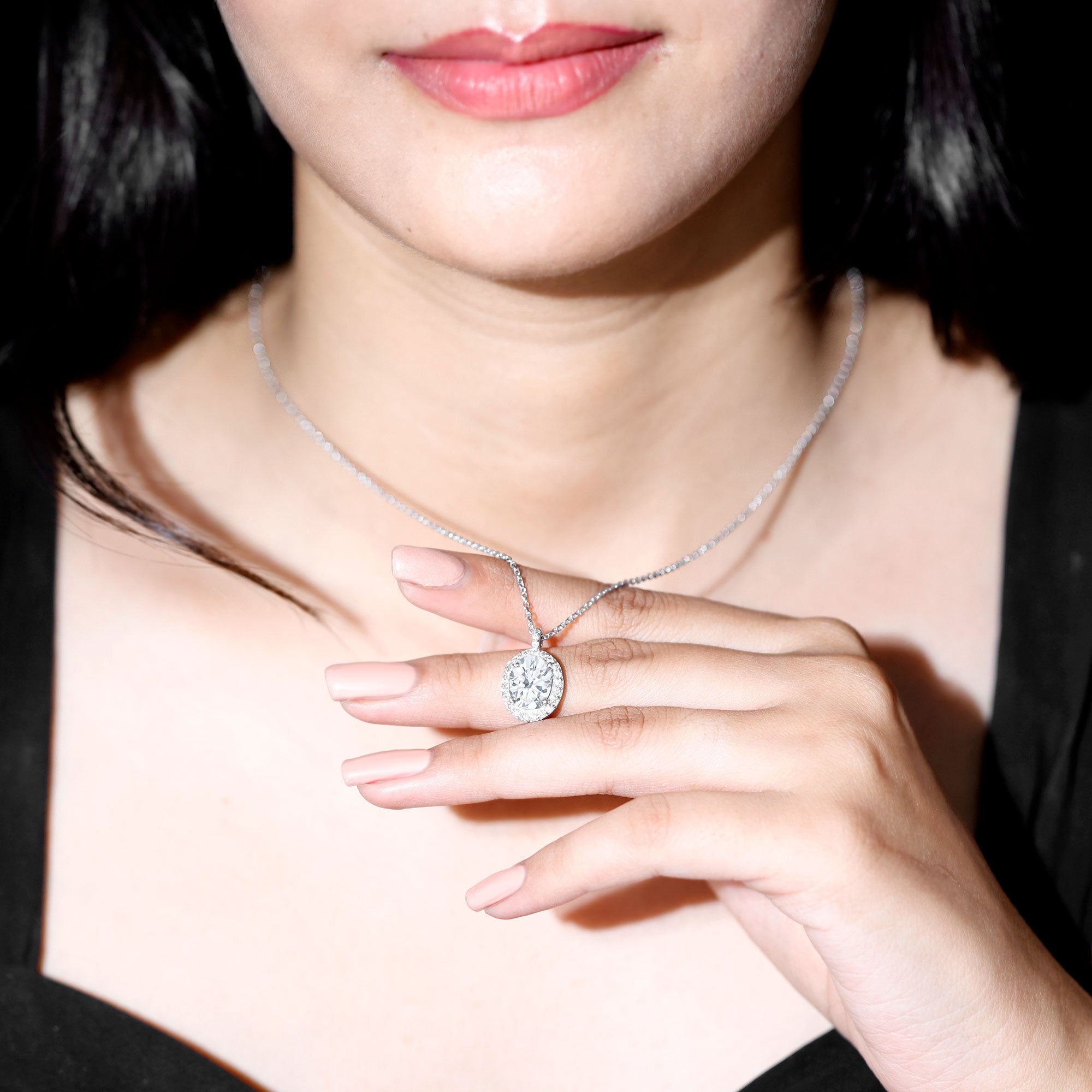 Certified 8X10 MM Oval Cubic Zirconia Halo Pendant with Chain AAAAA 92.5 Sterling Silver - Rosec Jewels