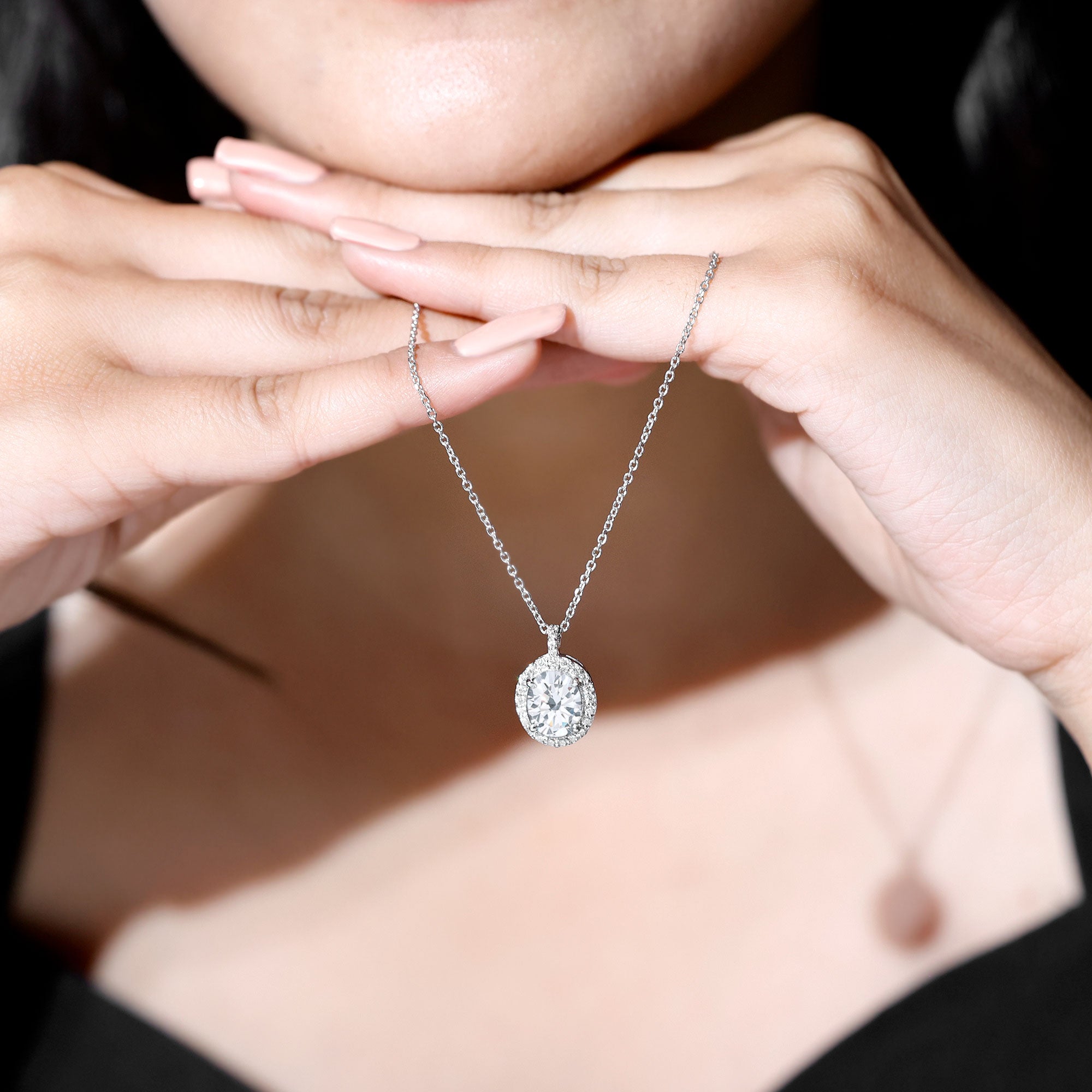 Certified 8X10 MM Oval Cubic Zirconia Halo Pendant with Chain AAAAA 92.5 Sterling Silver - Rosec Jewels