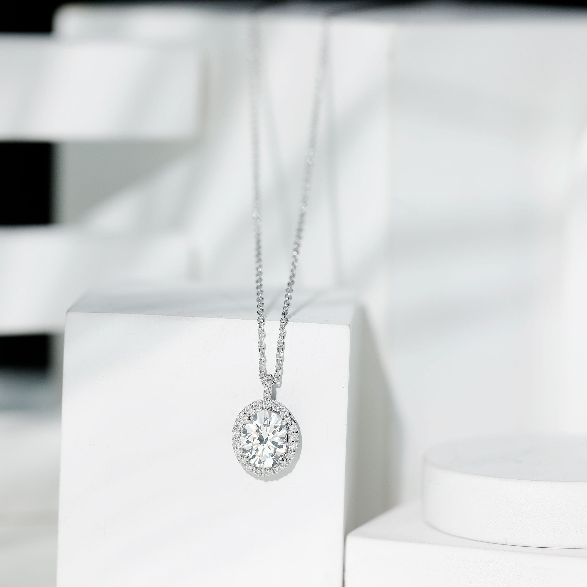 Certified 8X10 MM Oval Cubic Zirconia Halo Pendant with Chain AAAAA 92.5 Sterling Silver - Rosec Jewels