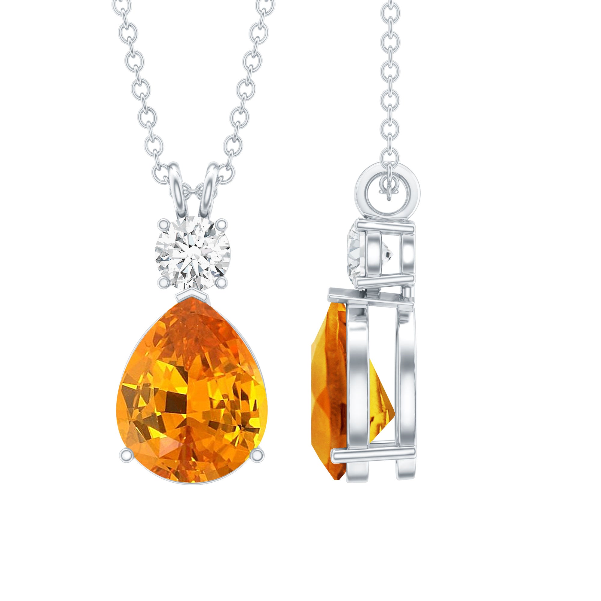 Created Orange Sapphire Teardrop Pendant Necklace with Moissanite