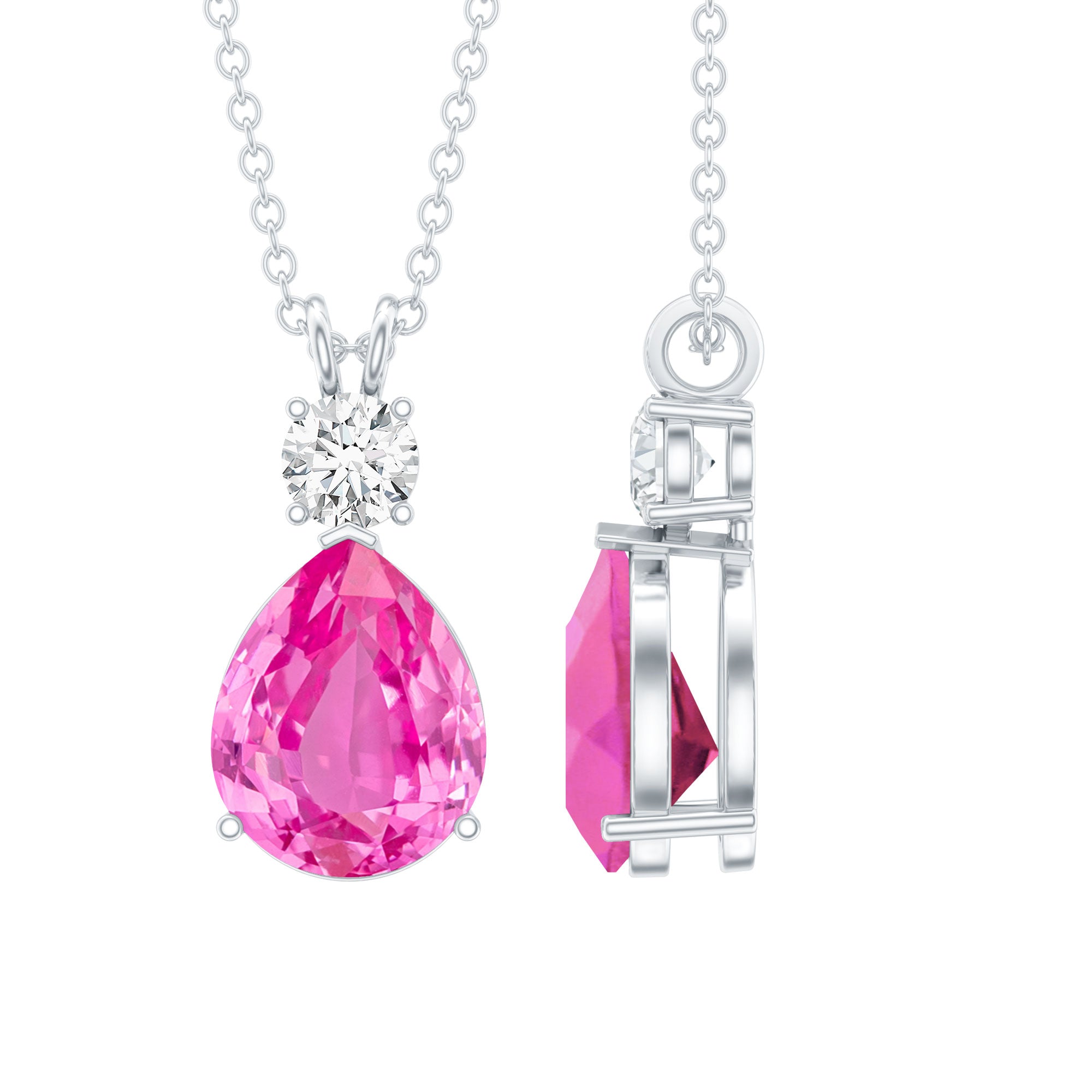 3.3 Carat Lab Grown Pink Sapphire and Diamond Teardrop Necklace AAAA - Rosec Jewels