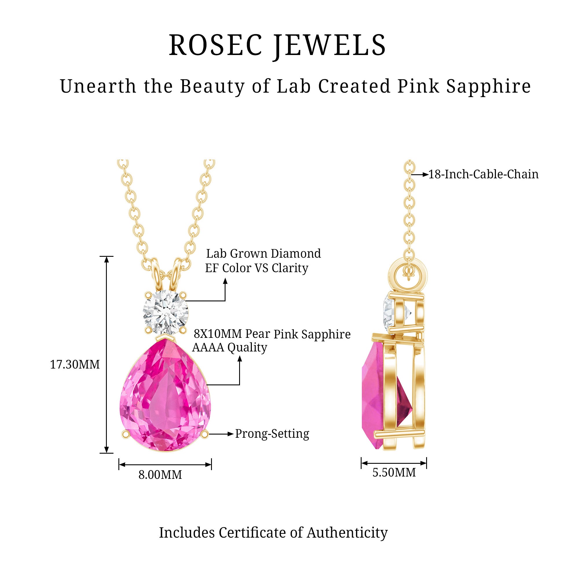 3.3 Carat Lab Grown Pink Sapphire and Diamond Teardrop Necklace AAAA - Rosec Jewels