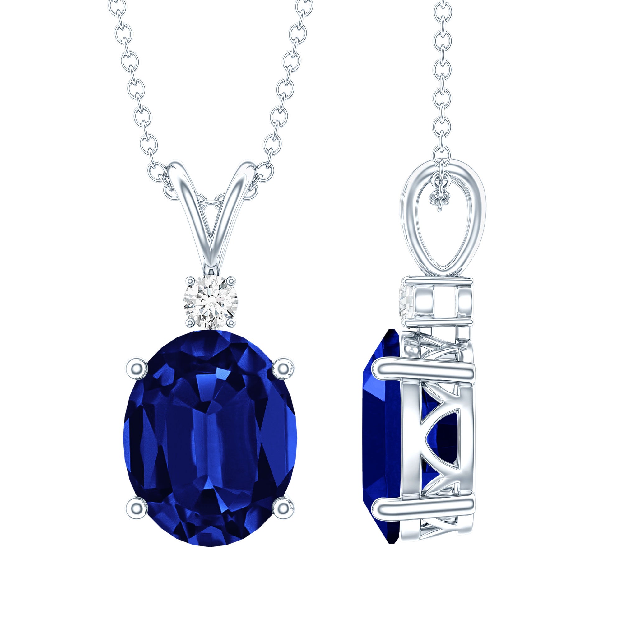 Certified Oval Lab Created Blue Sapphire Necklace with Chain AAAA - Rosec Jewels