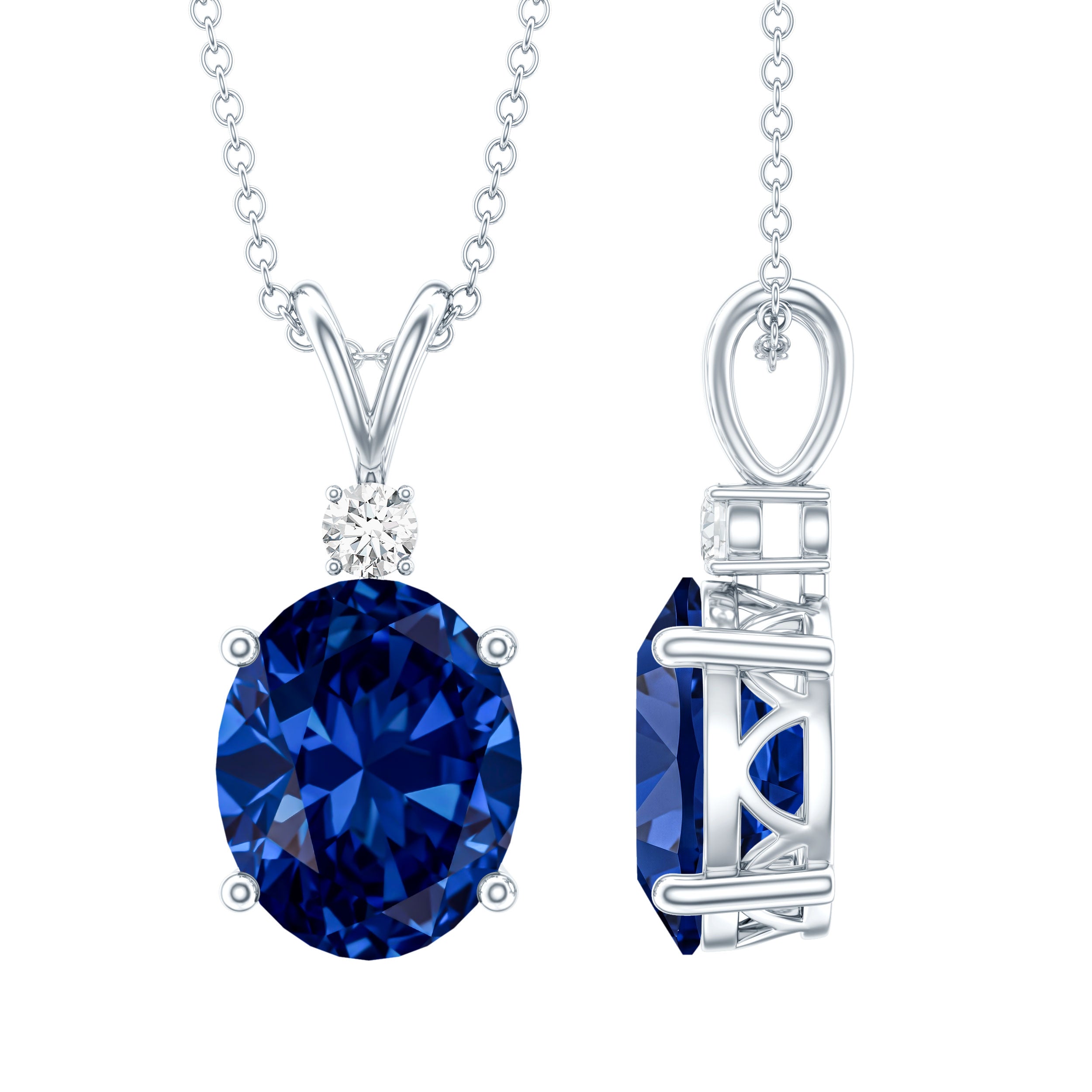 4 Carat Lab Grown Blue Sapphire Oval Cut Solitaire Necklace with Silver Chain AAAA 92.5 Sterling Silver - Rosec Jewels