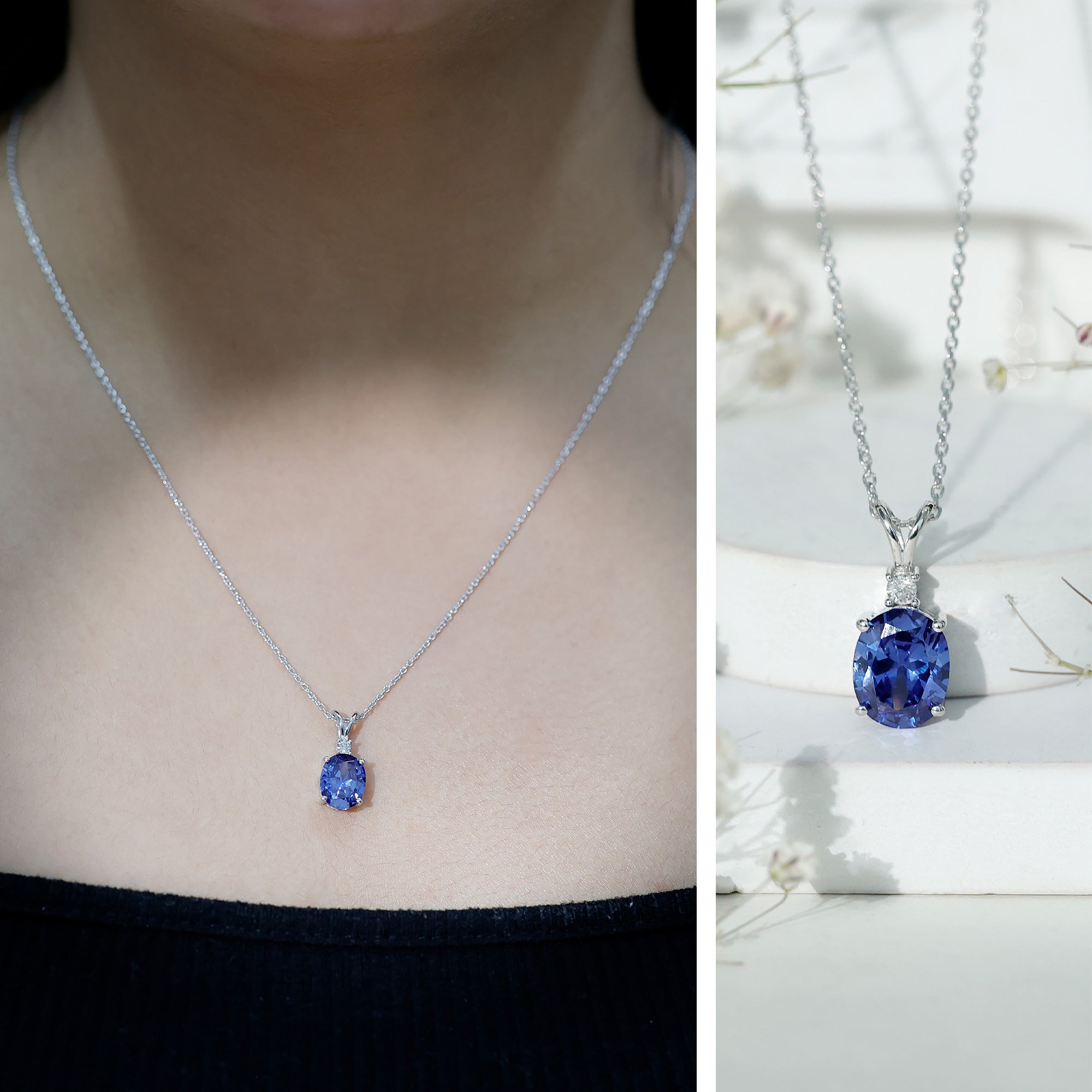Certified Oval Lab Created Blue Sapphire Necklace with Chain AAAA - Rosec Jewels