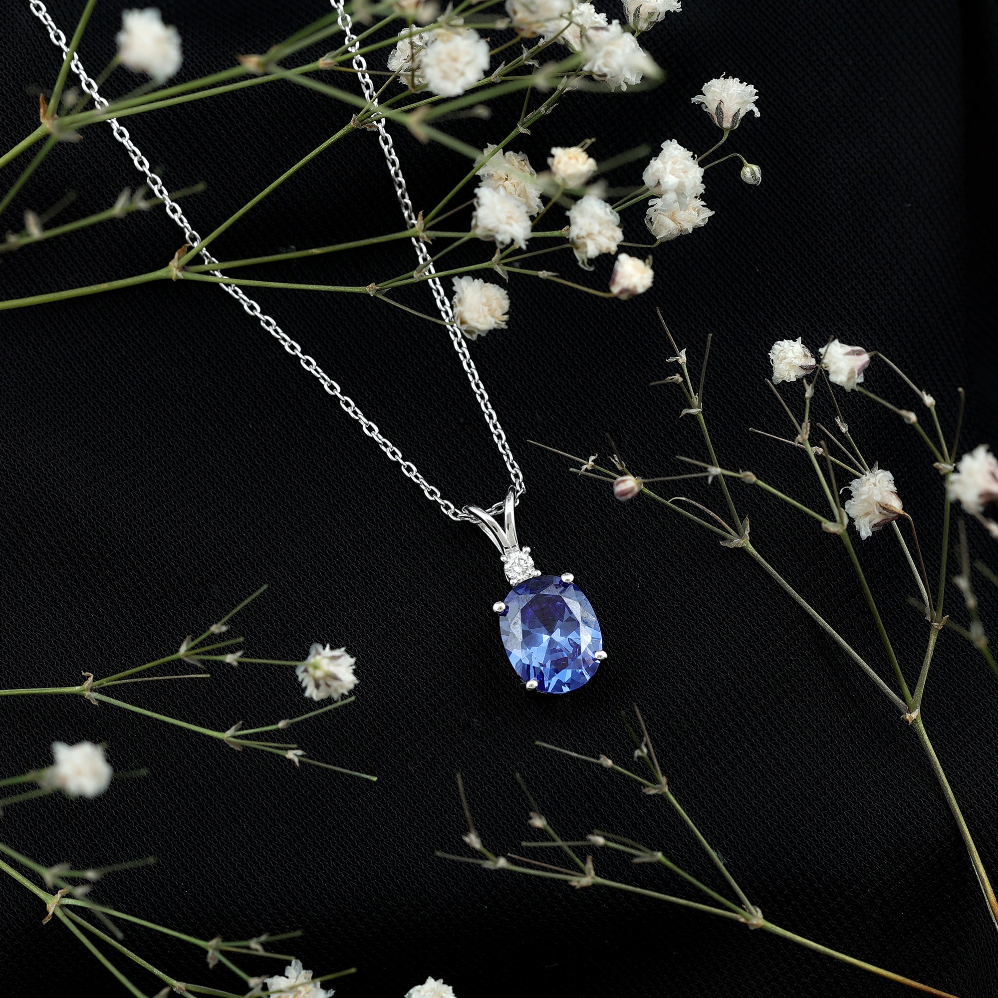 4 Carat Lab Grown Blue Sapphire Oval Cut Solitaire Necklace with Silver Chain AAAA 92.5 Sterling Silver - Rosec Jewels