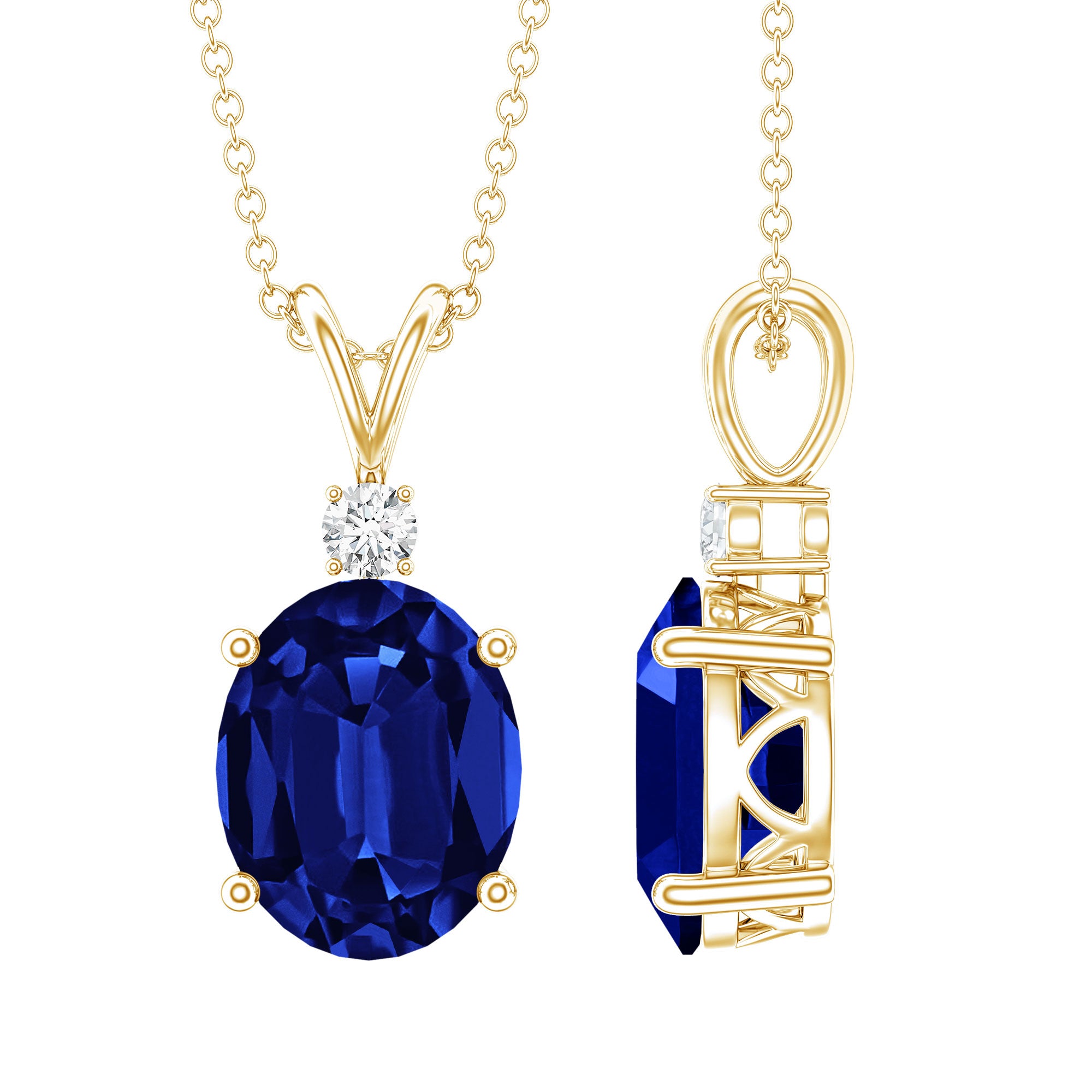 Certified Oval Lab Created Blue Sapphire Necklace with Chain AAAA - Rosec Jewels