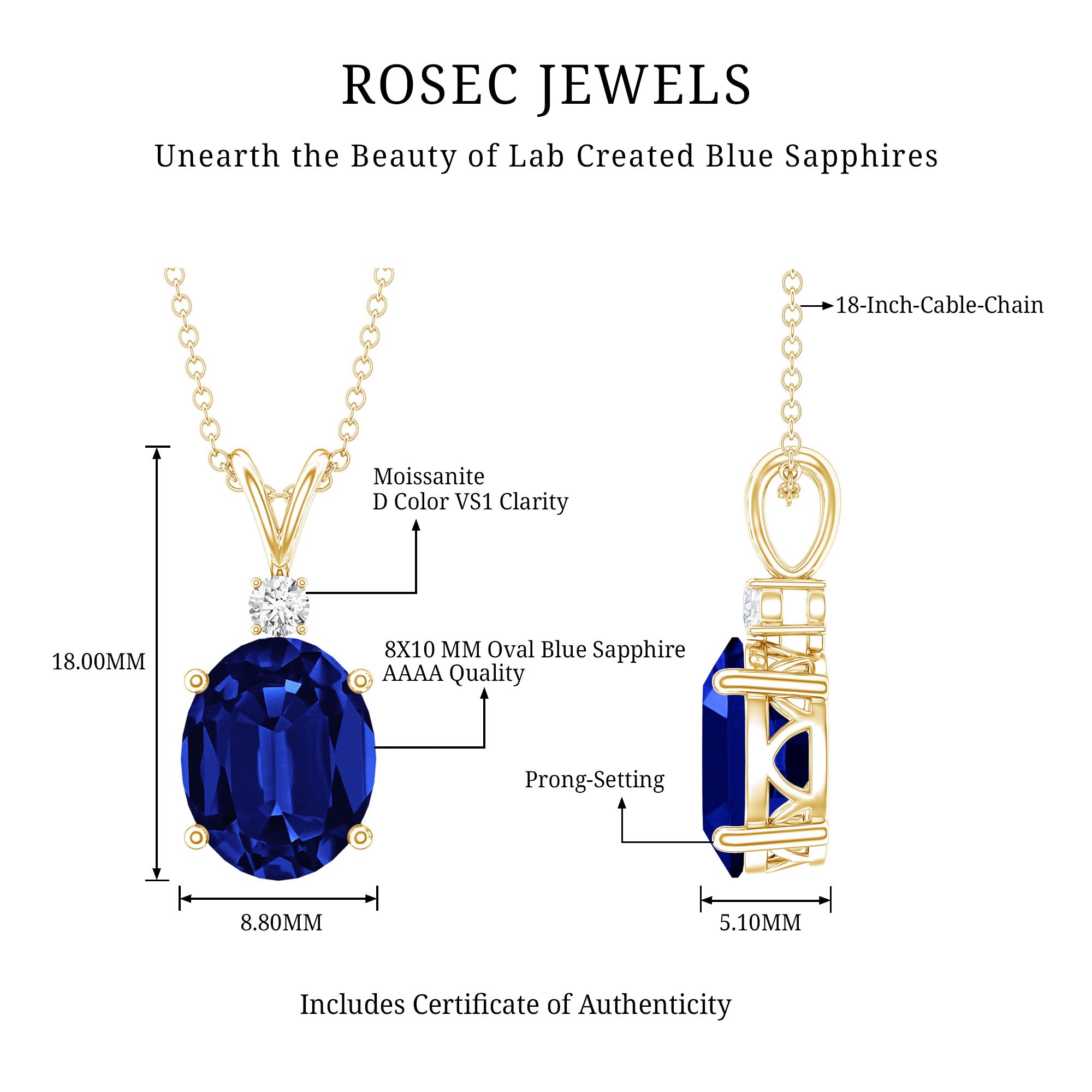 Certified Oval Lab Created Blue Sapphire Necklace with Chain AAAA - Rosec Jewels
