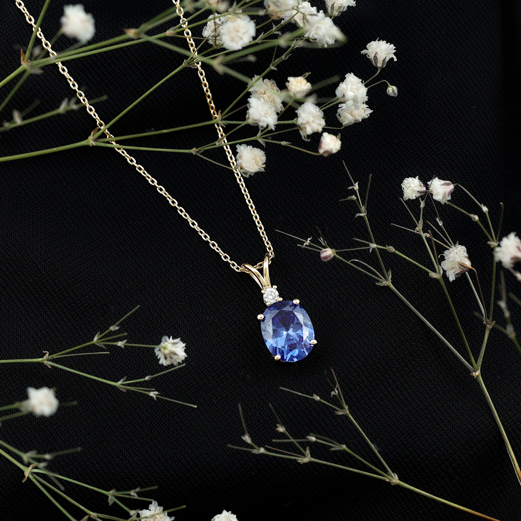 Certified Oval Lab Created Blue Sapphire Necklace with Chain AAAA - Rosec Jewels