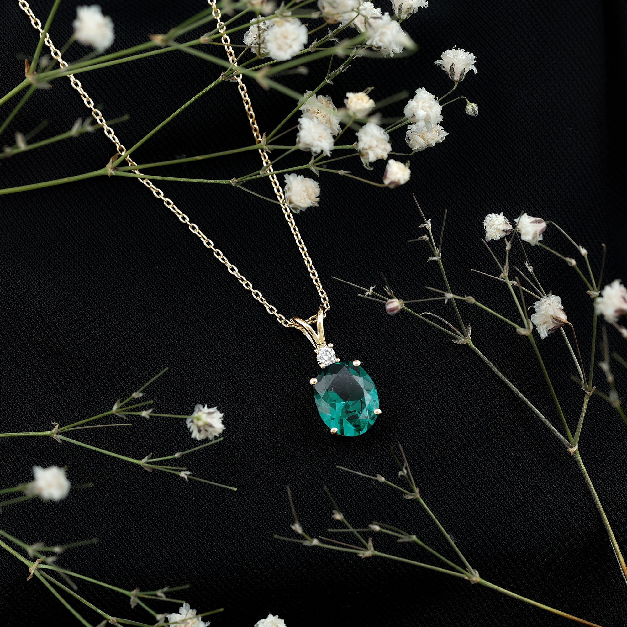 Oval Created Emerald and Moissanite Solitaire Pendant AAAA - Rosec Jewels