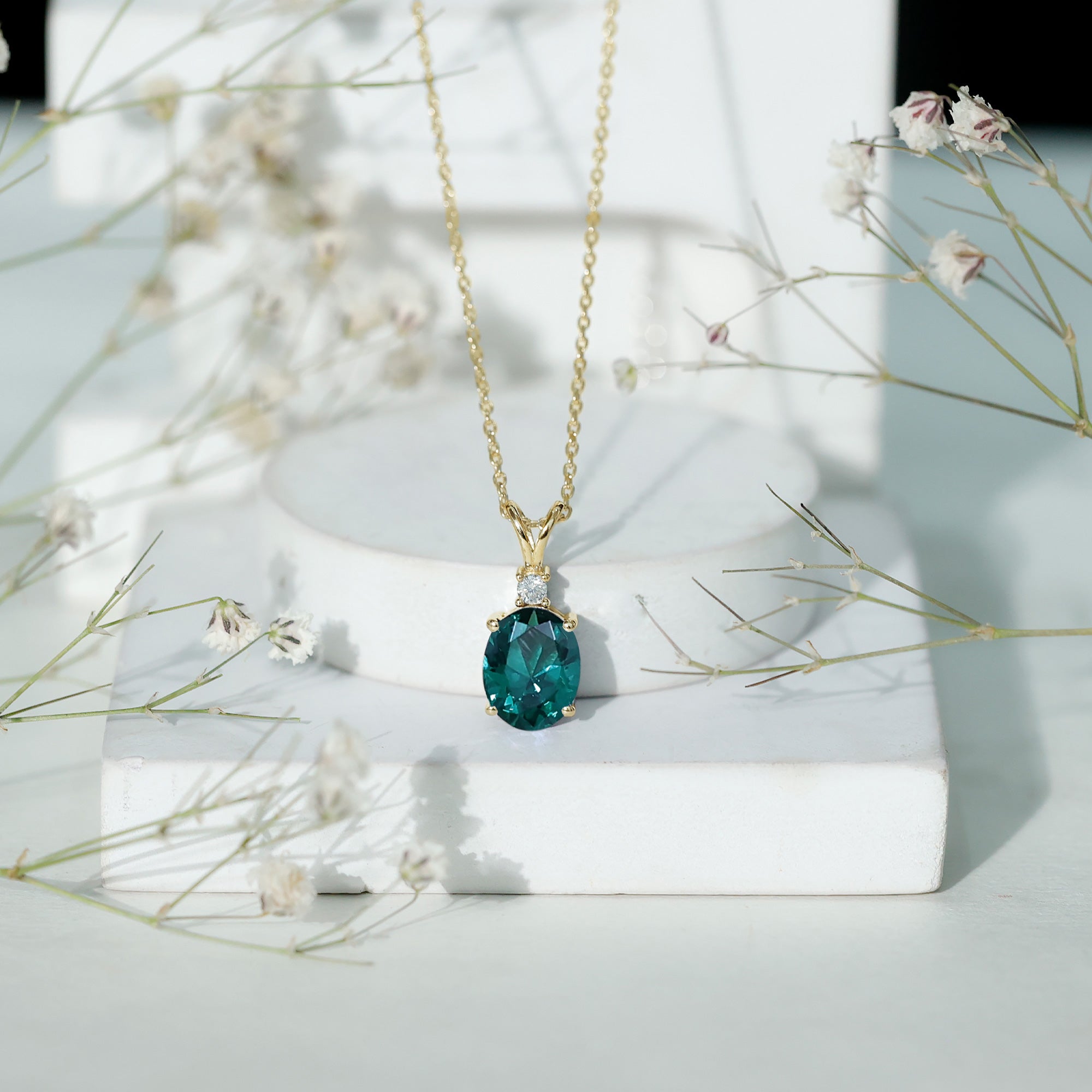 Oval Created Emerald and Moissanite Solitaire Pendant AAAA - Rosec Jewels