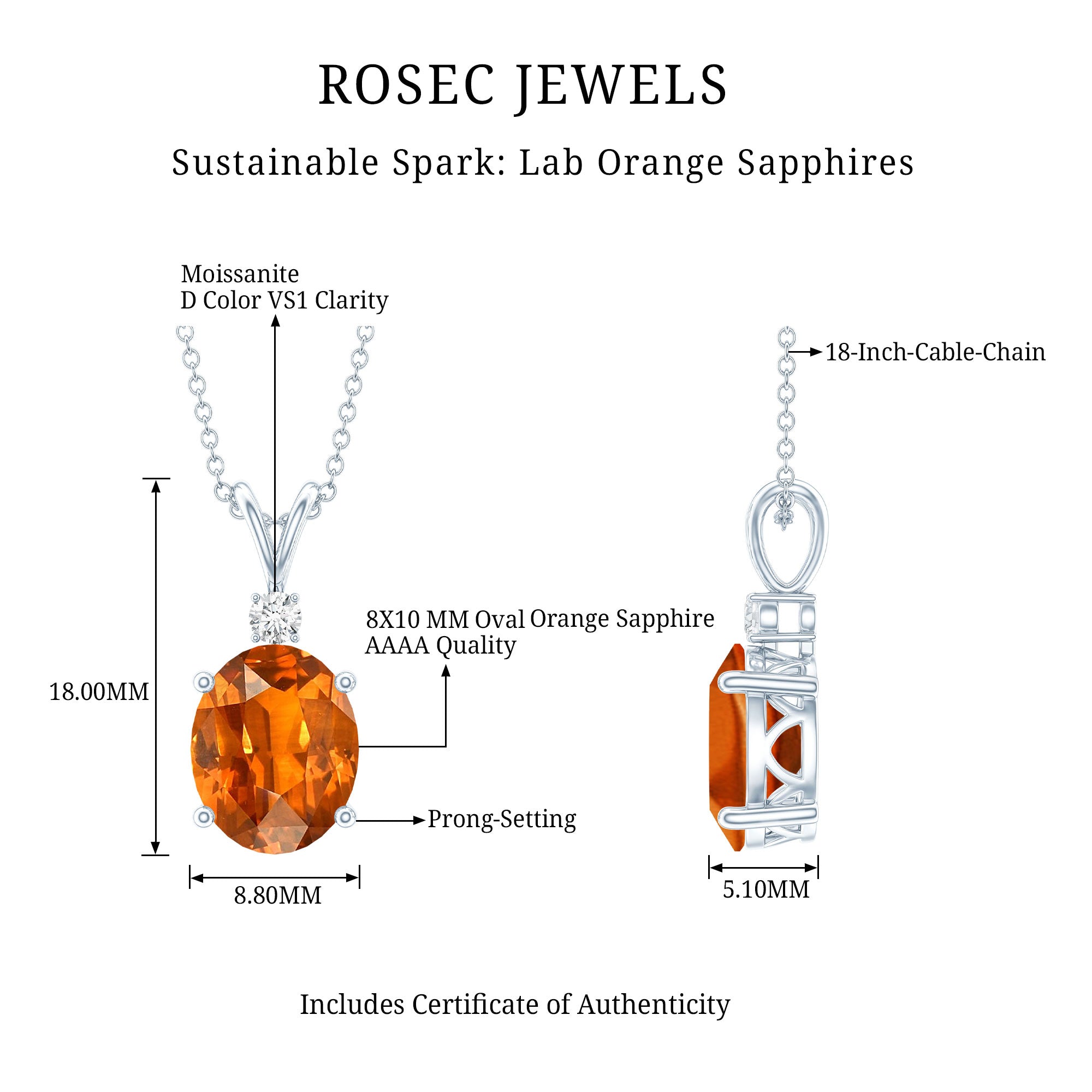 4 Carat Lab Grown Orange Sapphire Oval Pendant Necklace with Silver Chain AAAA 92.5 Sterling Silver - Rosec Jewels