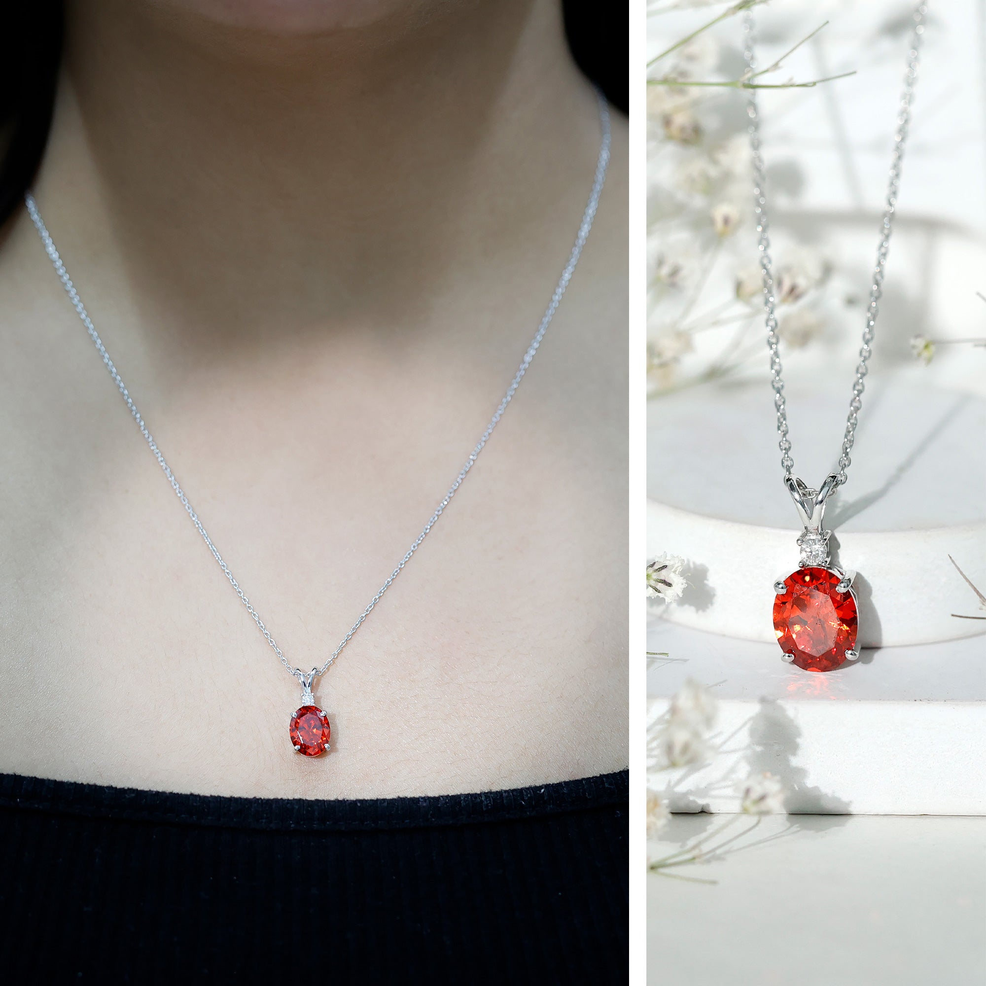 4 Carat Lab Grown Orange Sapphire Oval Pendant Necklace with Silver Chain AAAA 92.5 Sterling Silver - Rosec Jewels