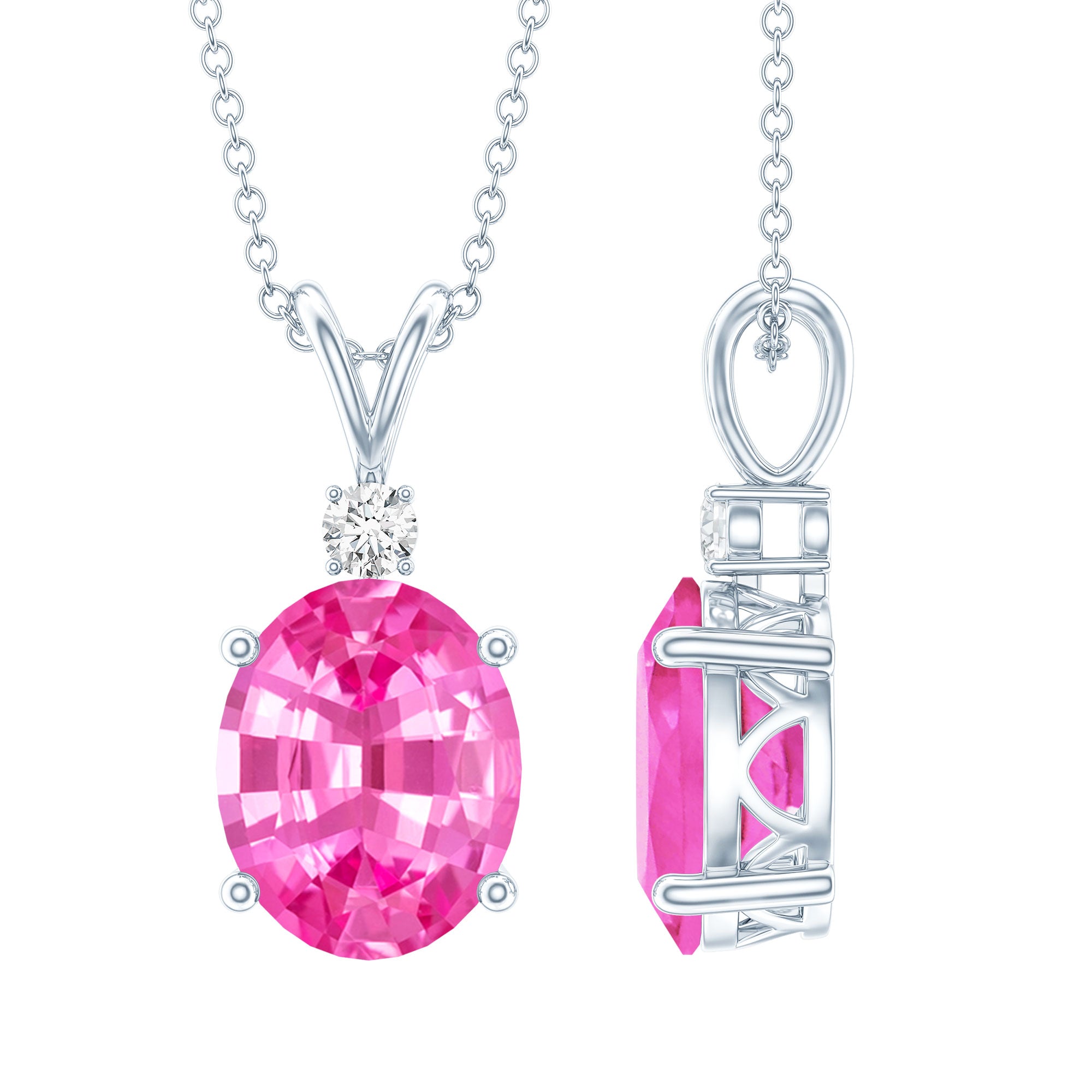 Certified 4 Carat Lab Grown Pink Sapphire Oval Necklace with Silver Chain AAAA 92.5 Sterling Silver - Rosec Jewels