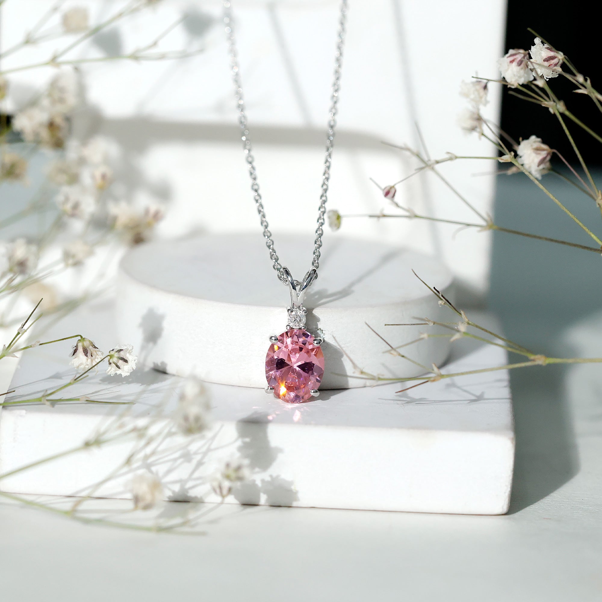 Certified 4 Carat Lab Grown Pink Sapphire Oval Necklace with Silver Chain AAAA 92.5 Sterling Silver - Rosec Jewels