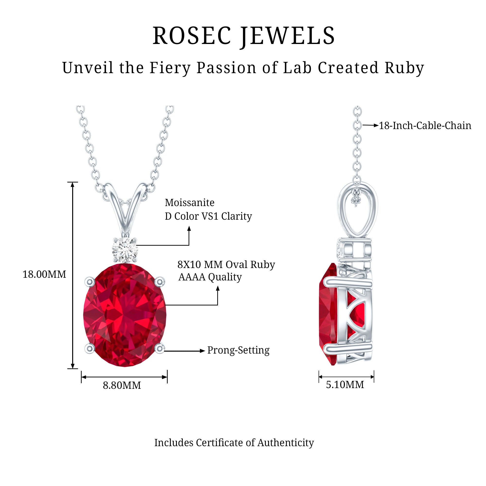 4 Carat Lab Created Ruby Bridal Necklace with Chain AAAA - Rosec Jewels