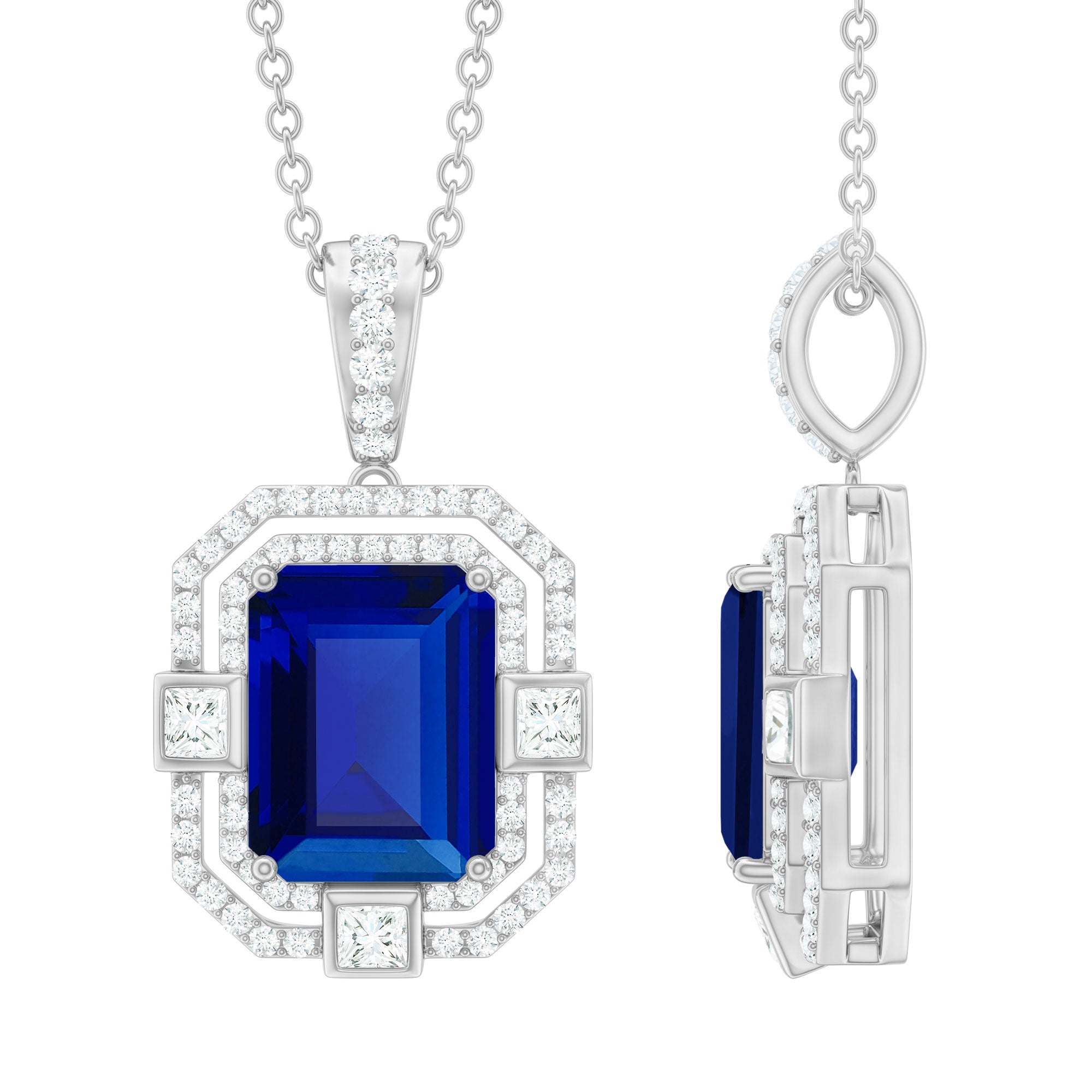 8x10mm Emerald Cut Lab Created Blue Sapphire Vintage Necklace with Diamond AAAA - Rosec Jewels