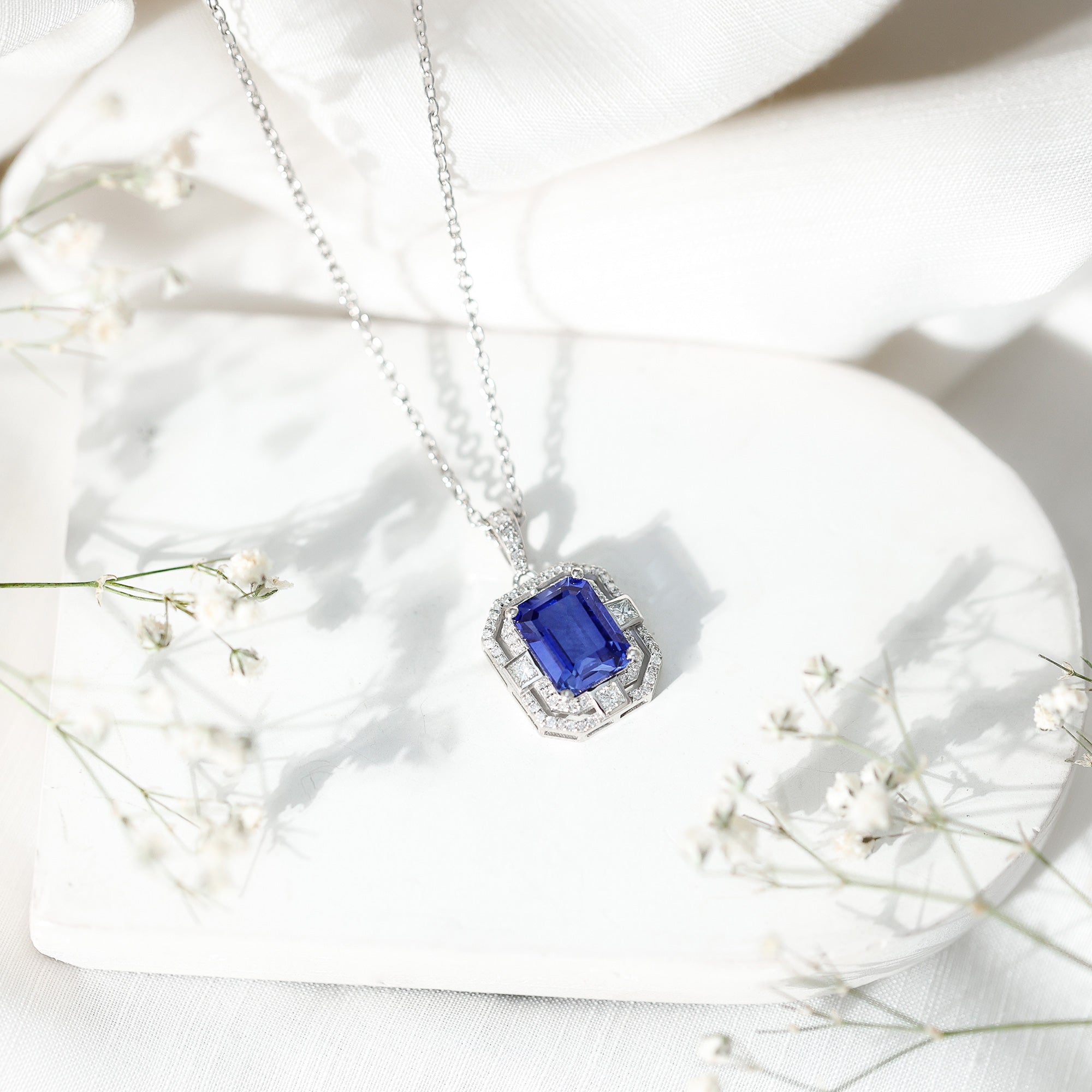 8x10mm Emerald Cut Lab Created Blue Sapphire Vintage Necklace with Diamond AAAA - Rosec Jewels