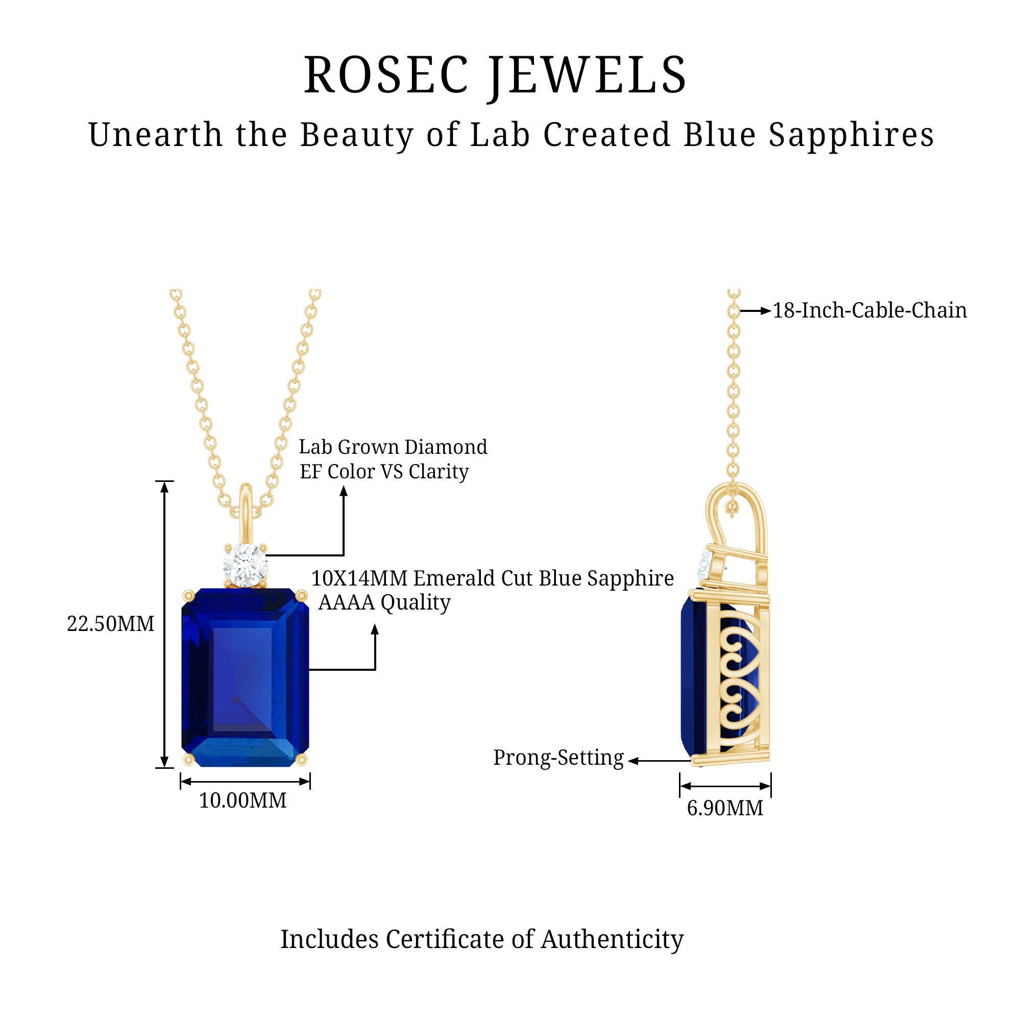 9 Carat Lab Grown Blue Sapphire Emerald Cut Necklace with Diamond AAAA - Rosec Jewels
