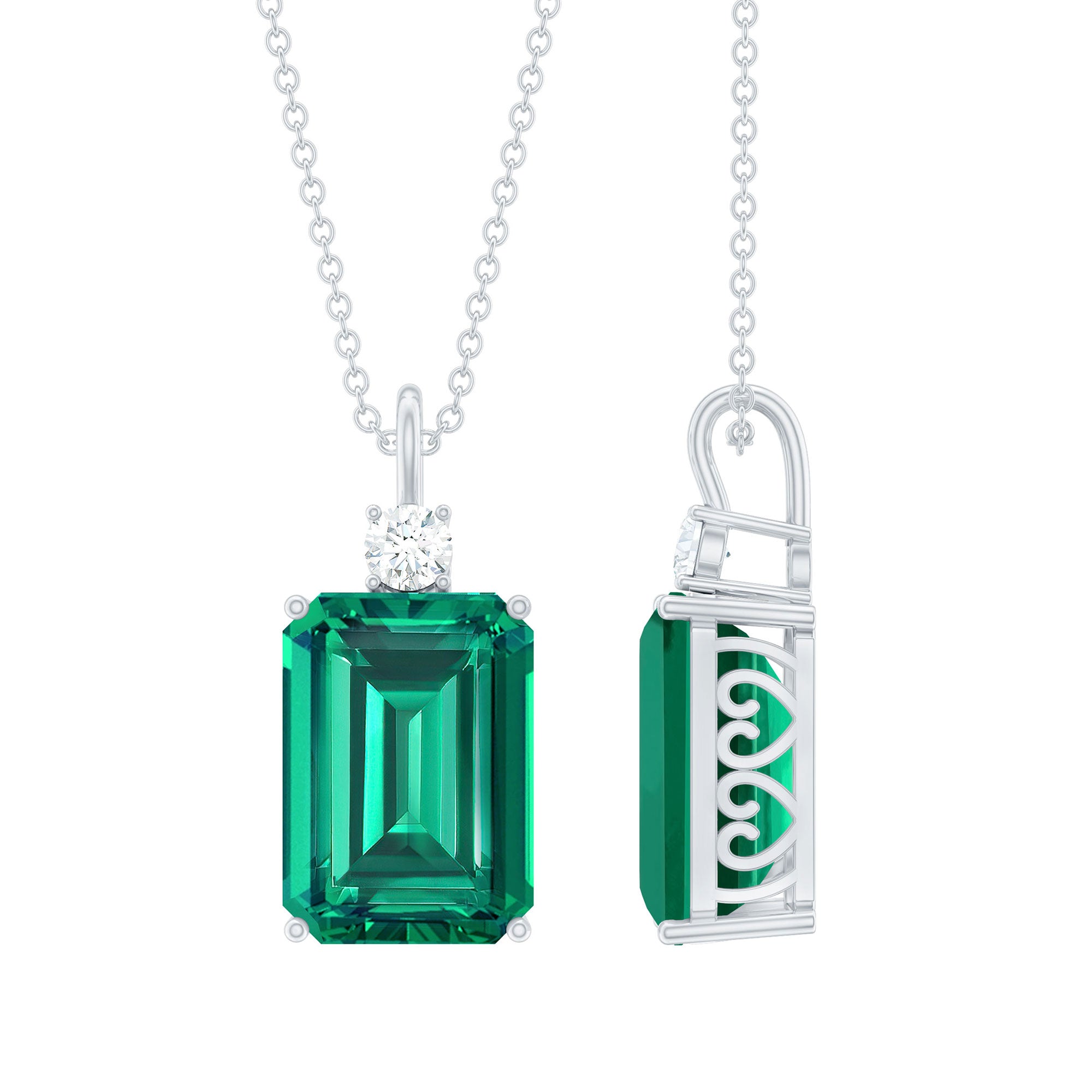 Octagon Cut Created Emerald Solitaire Pendant with Moissanite