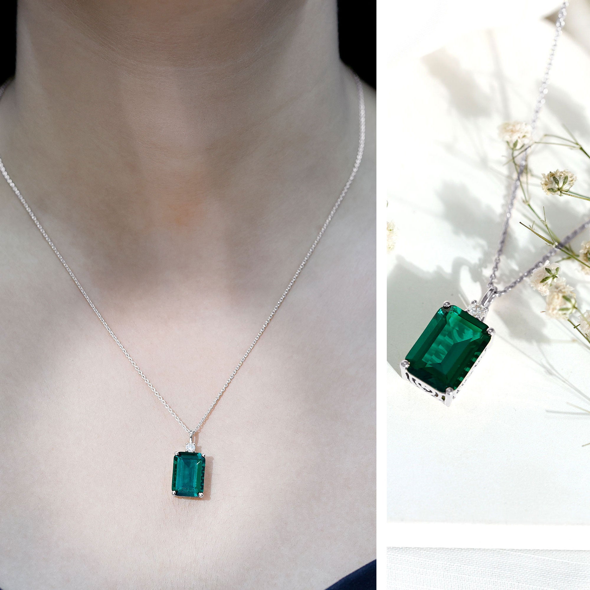 Certified 8.2 Carat Lab Grown Emerald Cocktail Necklace with Diamond AAAA - Rosec Jewels