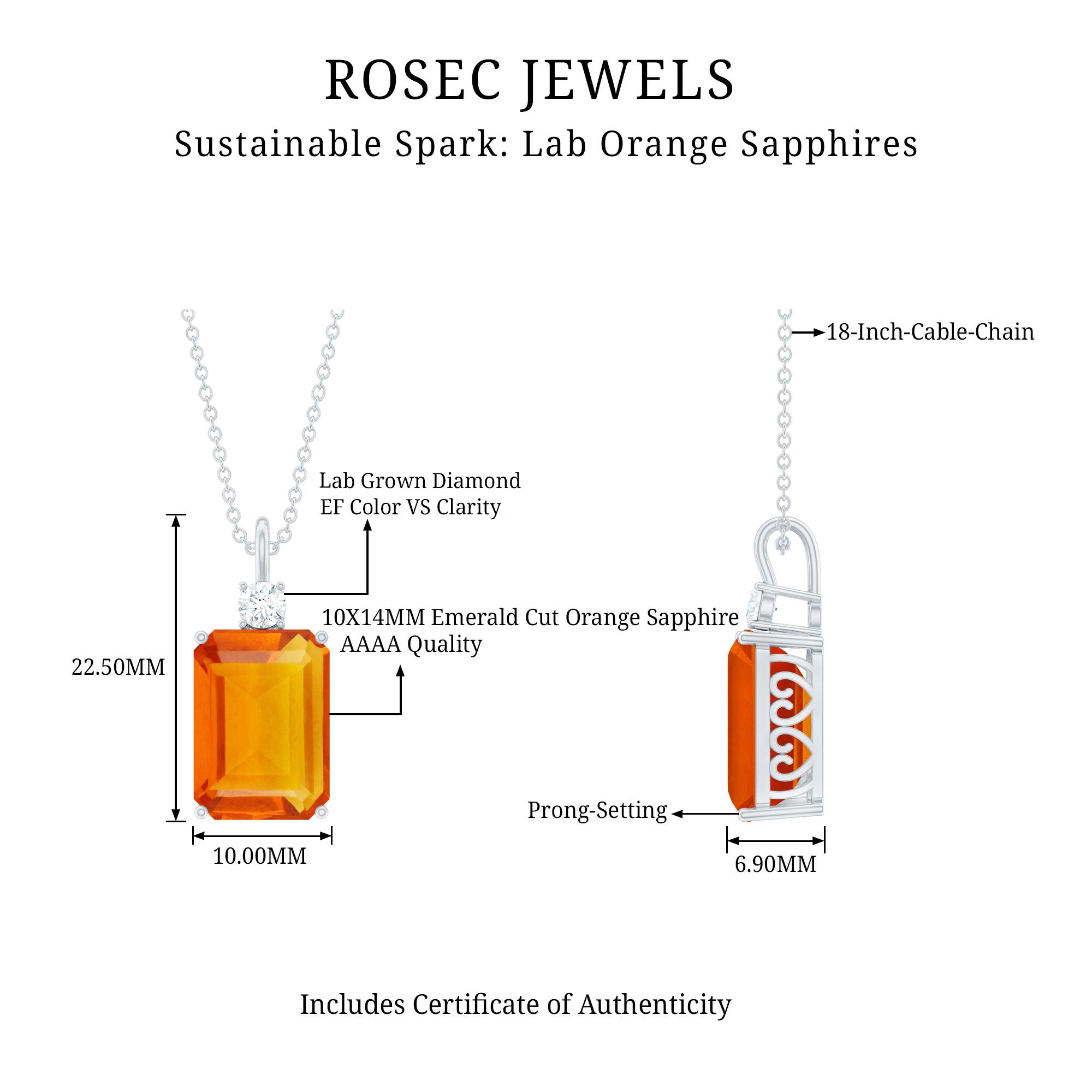 9 Carat Lab Created Orange Sapphire and Diamond Statement Necklace AAAA - Rosec Jewels