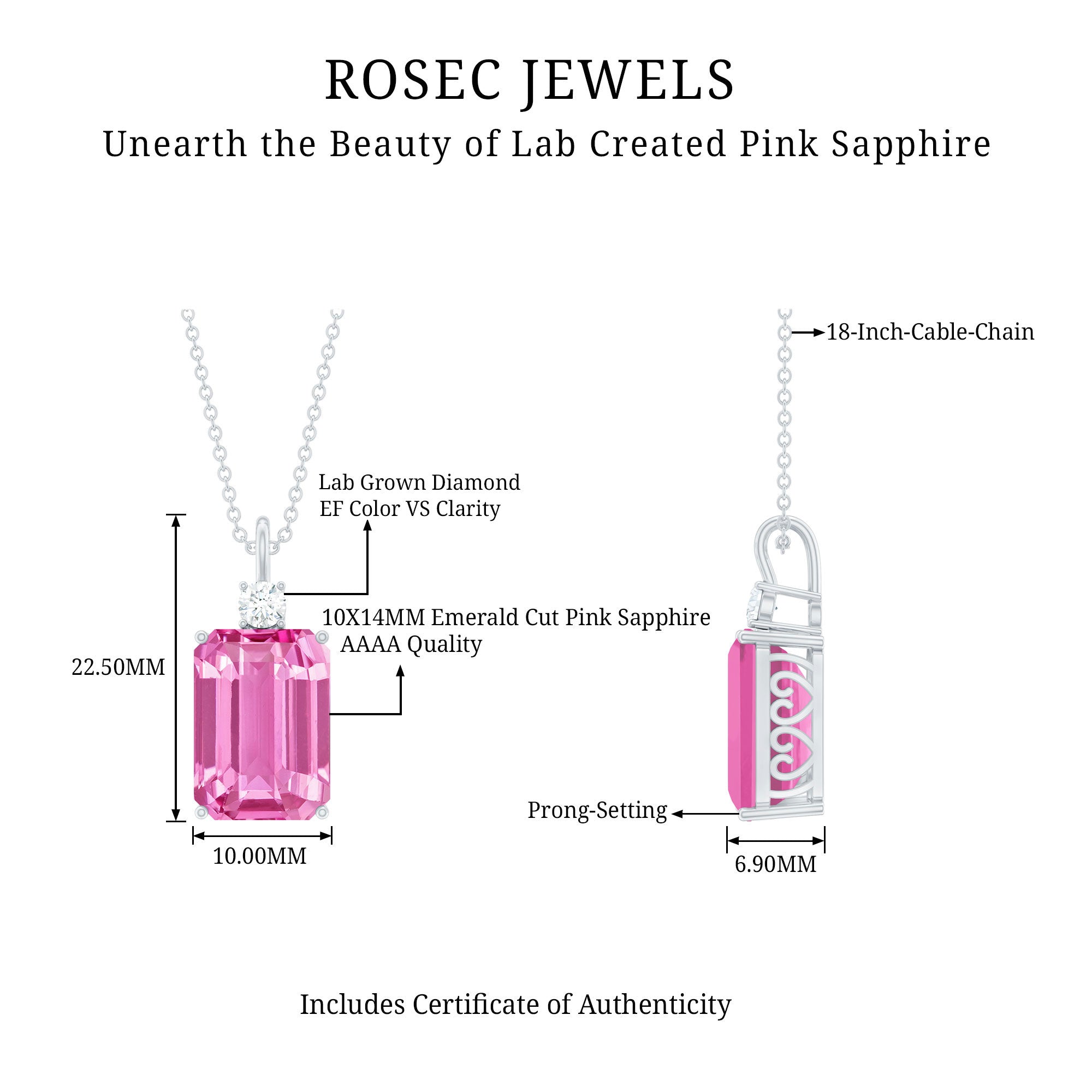 9 Carat Emerald Cut Lab Created Pink Sapphire Pendant with Diamond AAAA - Rosec Jewels