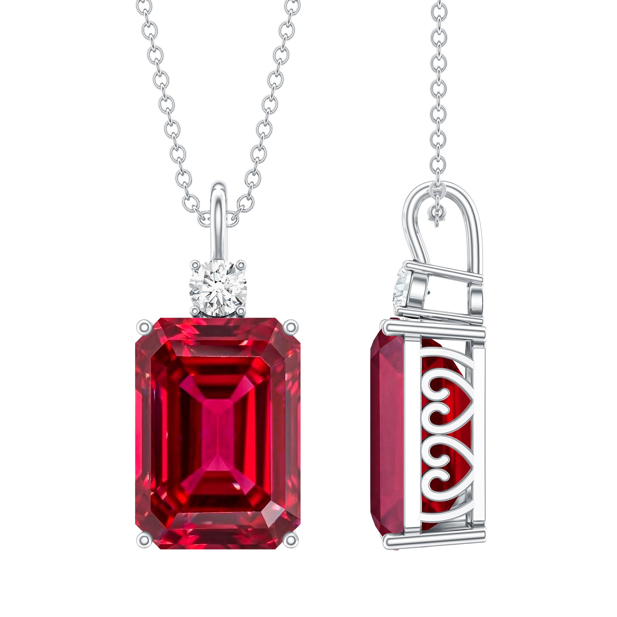 5 Carat Emerald Cut Lab Created Ruby Solitaire Pendant with Diamond AAAA - Rosec Jewels