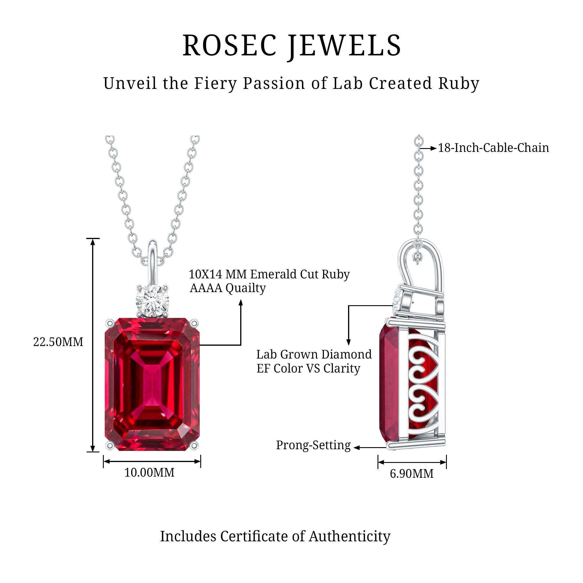 5 Carat Emerald Cut Lab Created Ruby Solitaire Pendant with Diamond AAAA - Rosec Jewels