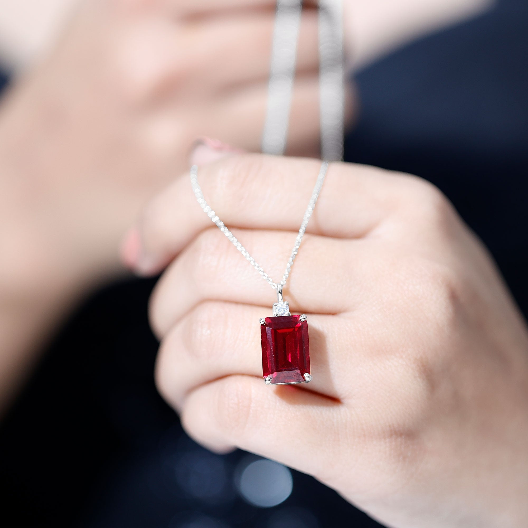 5 Carat Emerald Cut Lab Created Ruby Solitaire Pendant with Diamond AAAA - Rosec Jewels