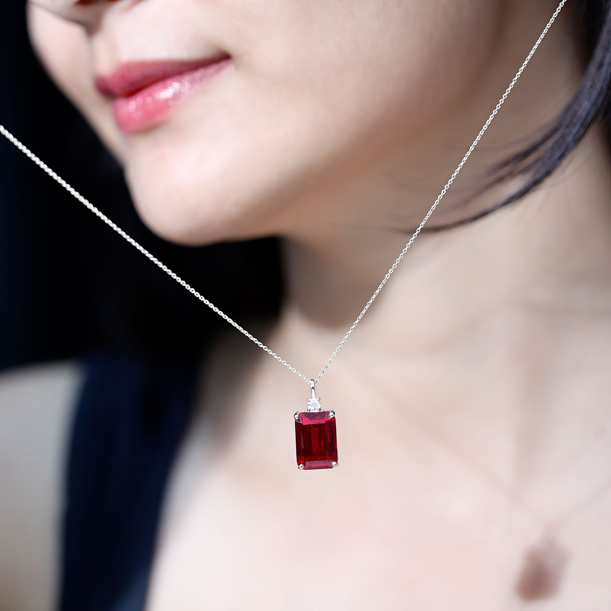 5 Carat Emerald Cut Lab Created Ruby Solitaire Pendant with Diamond AAAA - Rosec Jewels