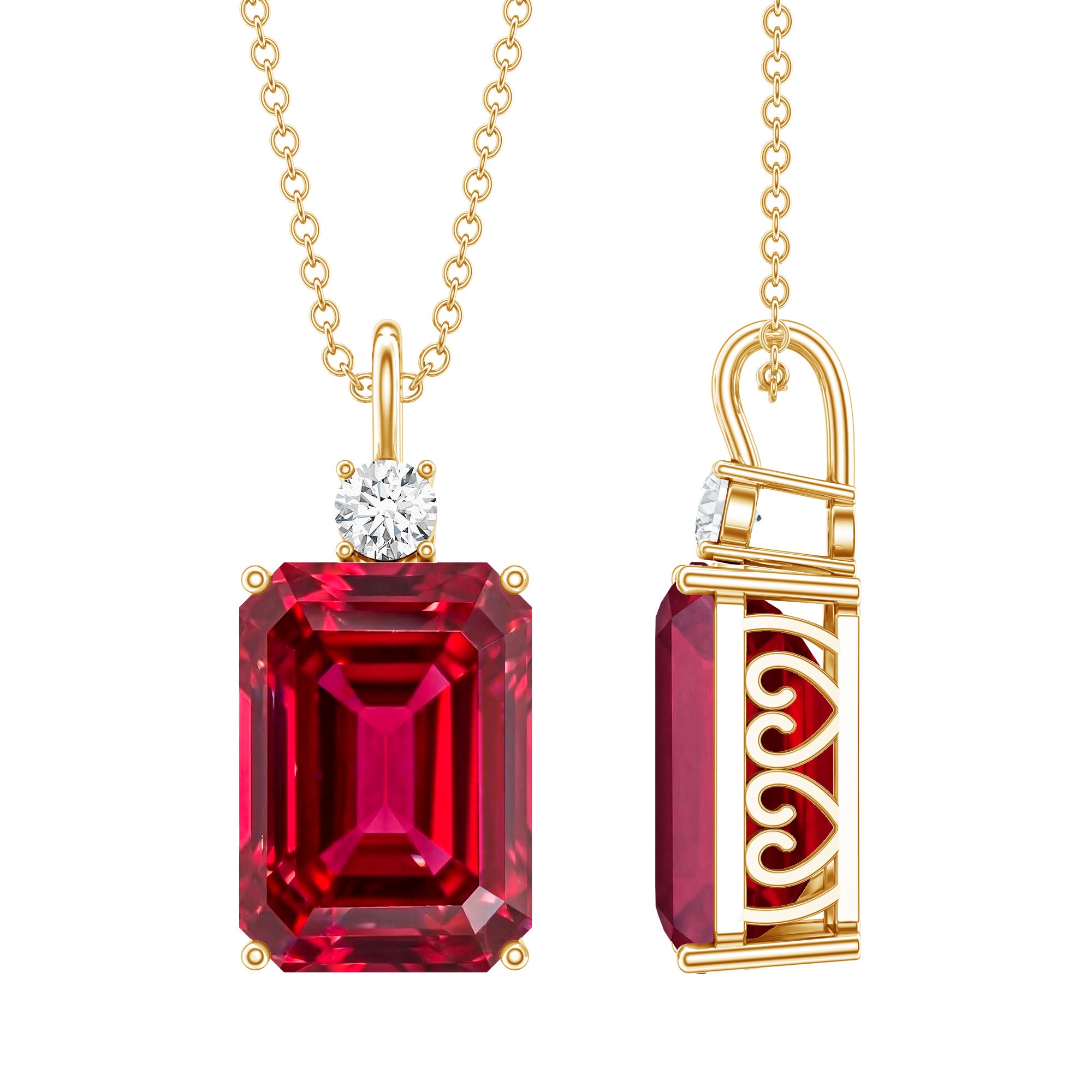 5 Carat Emerald Cut Lab Created Ruby Solitaire Pendant with Diamond AAAA - Rosec Jewels