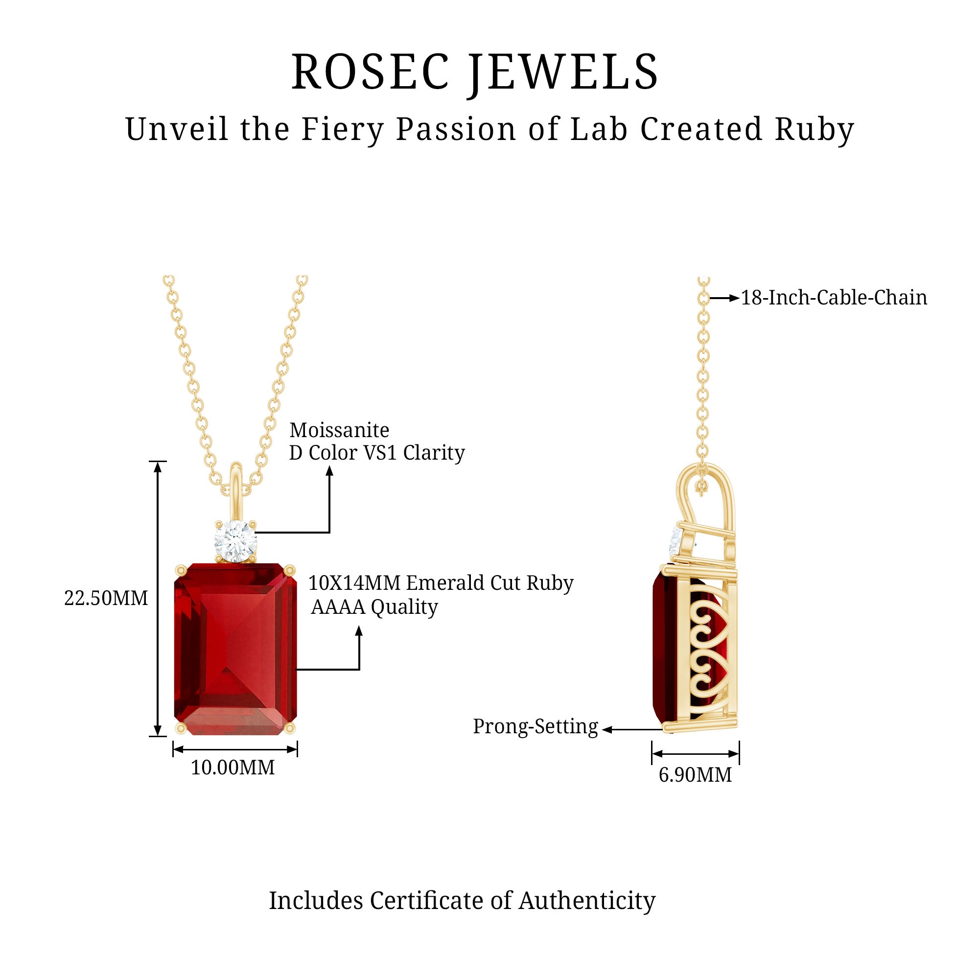 5 Carat Emerald Cut Lab Created Ruby Solitaire Pendant with Diamond AAAA - Rosec Jewels
