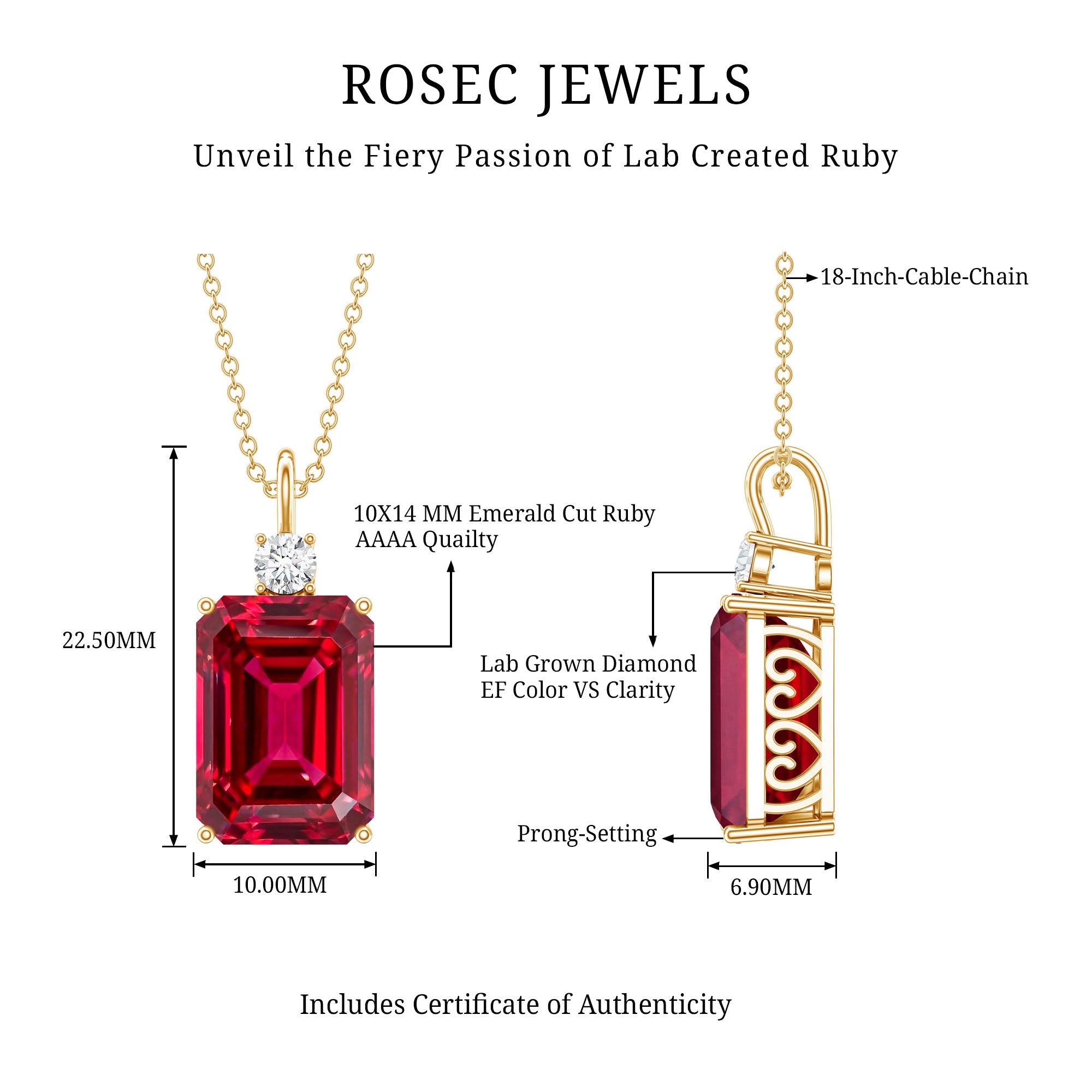 5 Carat Emerald Cut Lab Created Ruby Solitaire Pendant with Diamond AAAA - Rosec Jewels