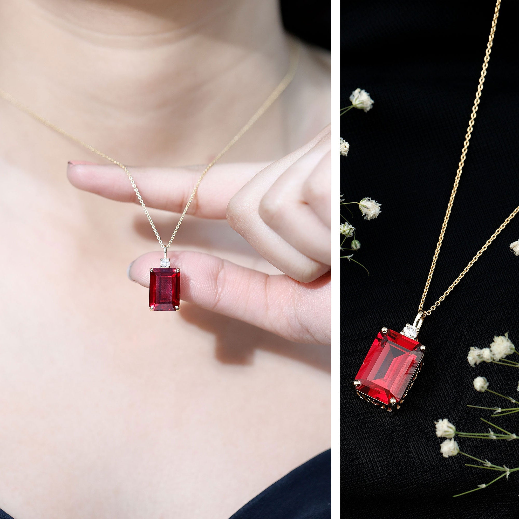 5 Carat Emerald Cut Lab Created Ruby Solitaire Pendant with Diamond AAAA - Rosec Jewels