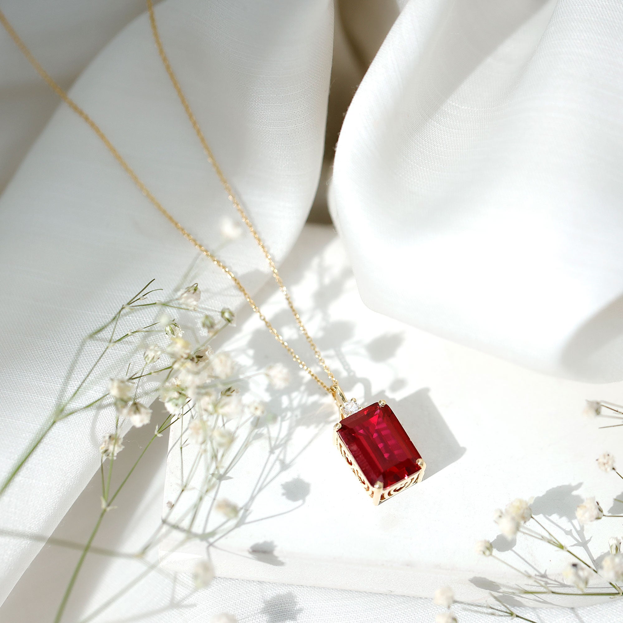 5 Carat Emerald Cut Lab Created Ruby Solitaire Pendant with Diamond AAAA - Rosec Jewels