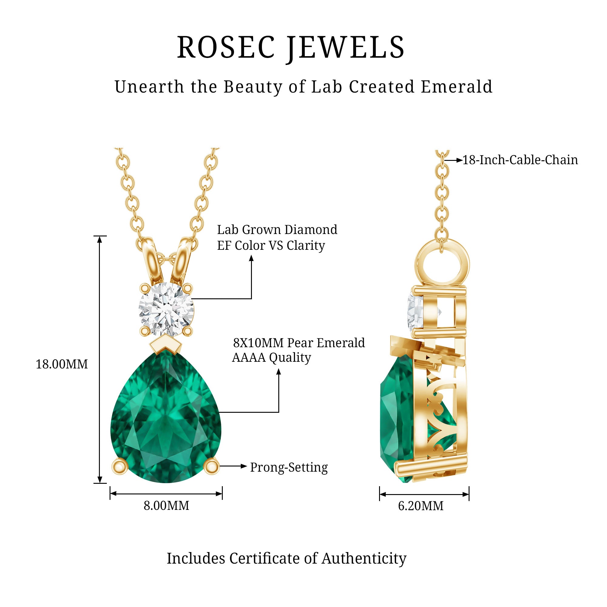 2.5 CT Lab Created Emerald Diamond Teardrop Pendant with Certificate AAAA - Rosec Jewels