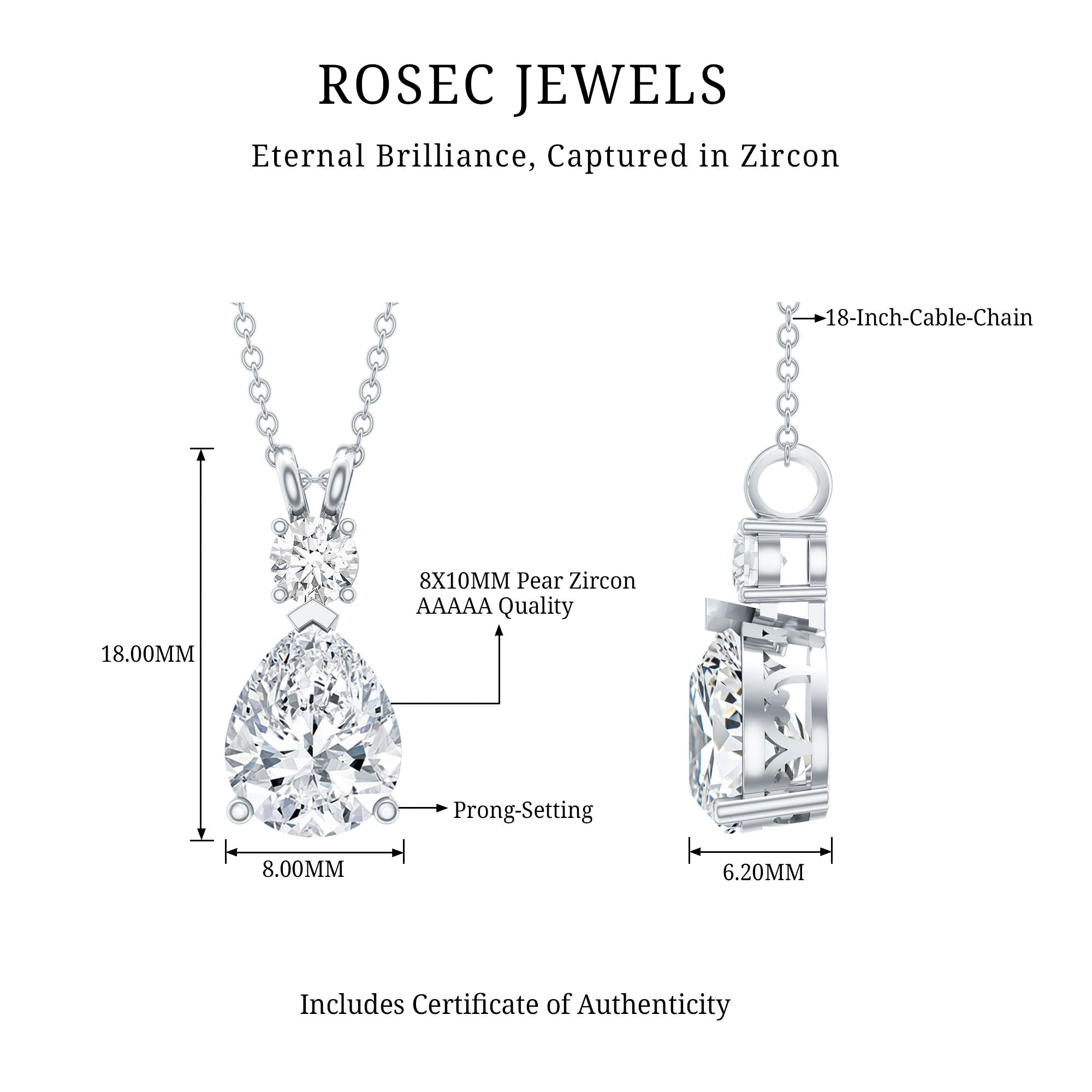 Pear and Round Shaped Zirconia Drop Pendant AAAAA - Rosec Jewels