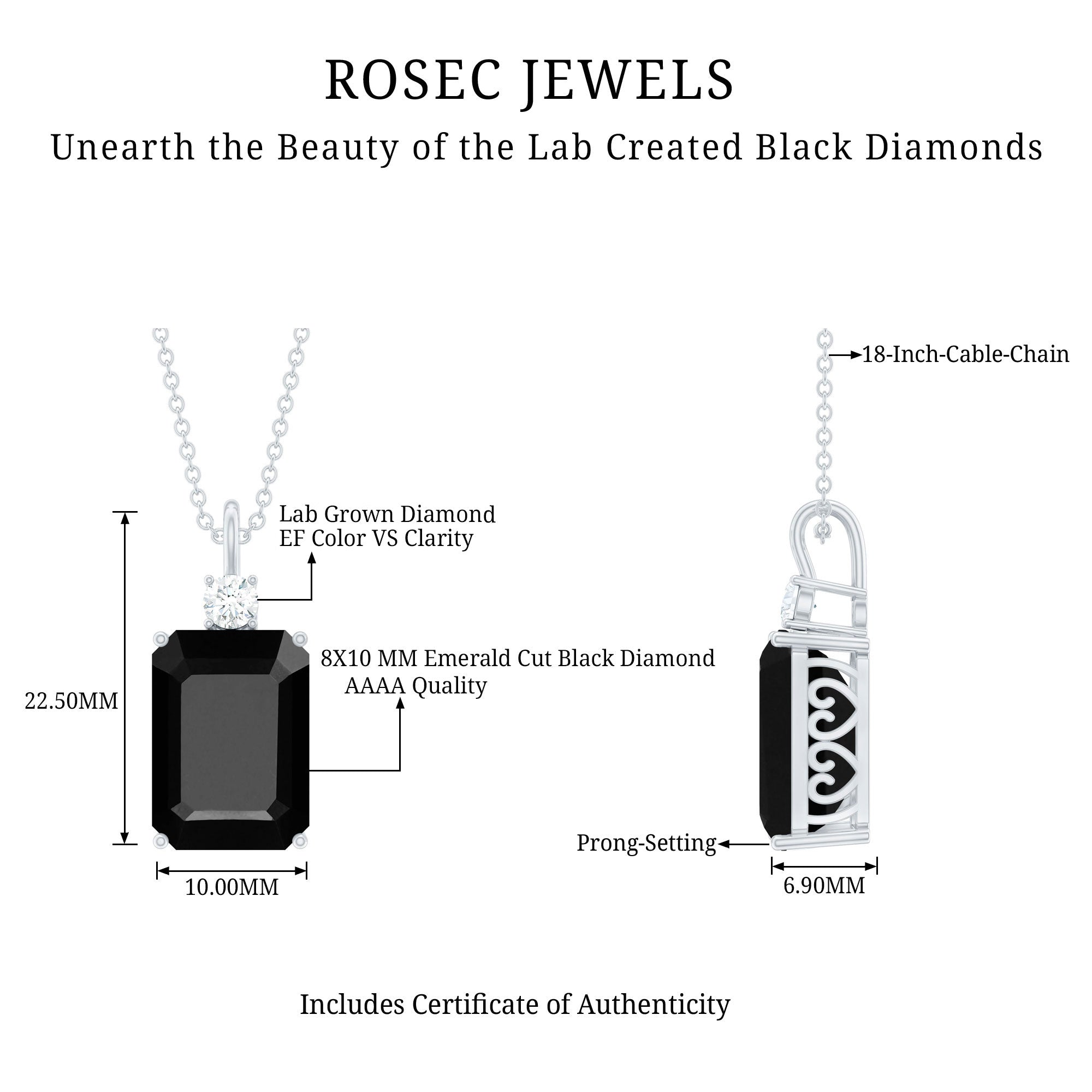 3.48 Carat Emerald Cut Lab Created Black Diamond Solitaire Necklace AAAA ( Synthetic ) - Rosec Jewels