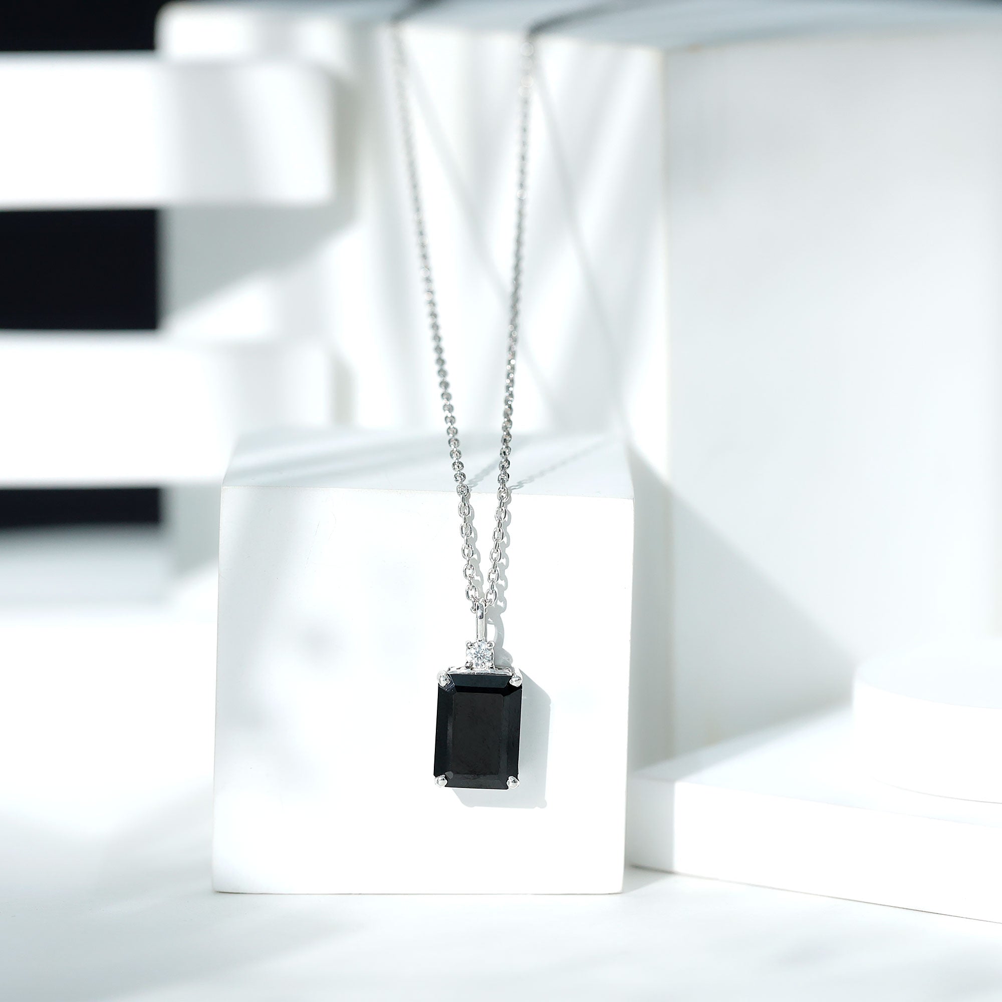 3.48 Carat Emerald Cut Lab Created Black Diamond Solitaire Necklace AAAA ( Synthetic ) - Rosec Jewels