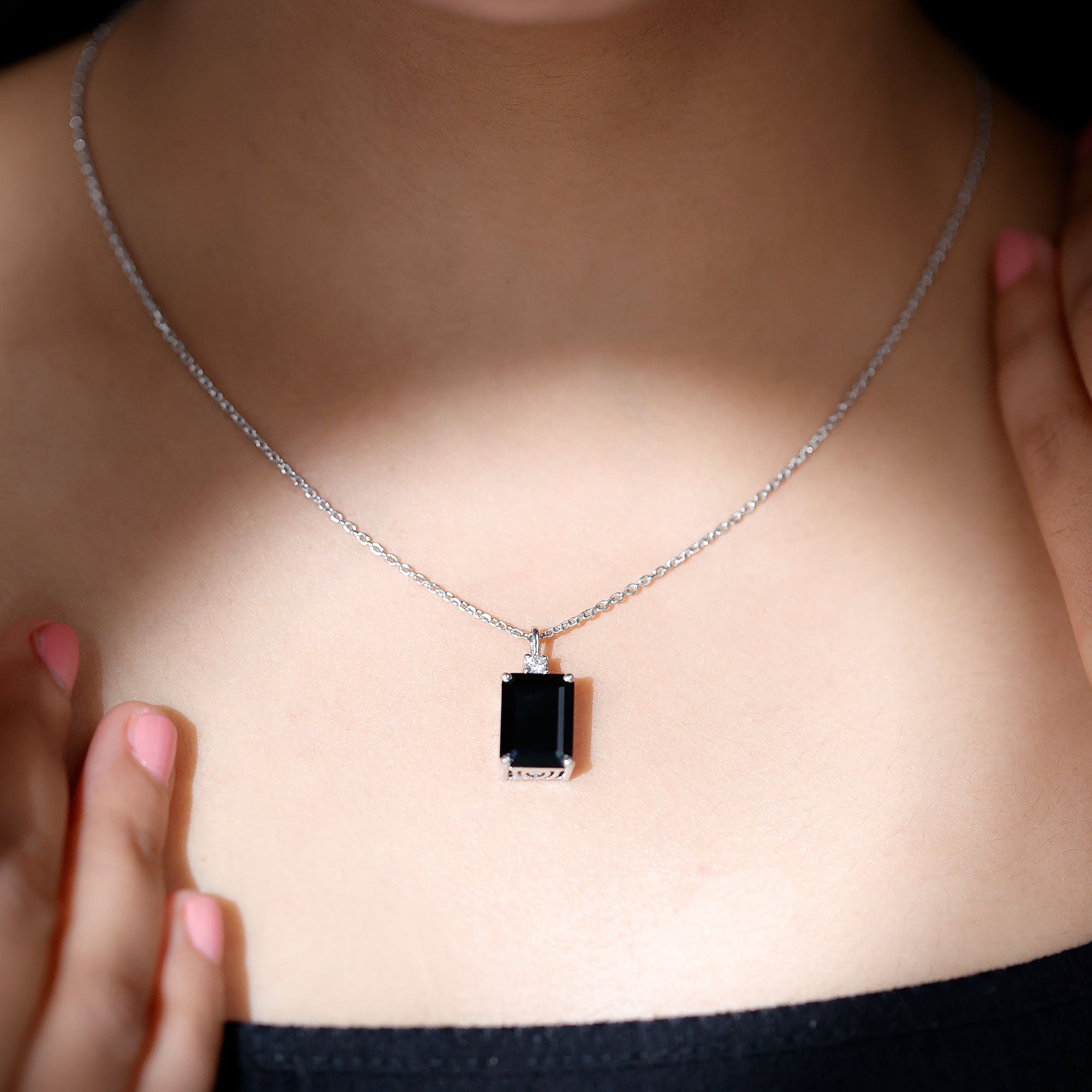 3.48 Carat Emerald Cut Lab Created Black Diamond Solitaire Necklace AAAA ( Synthetic ) - Rosec Jewels